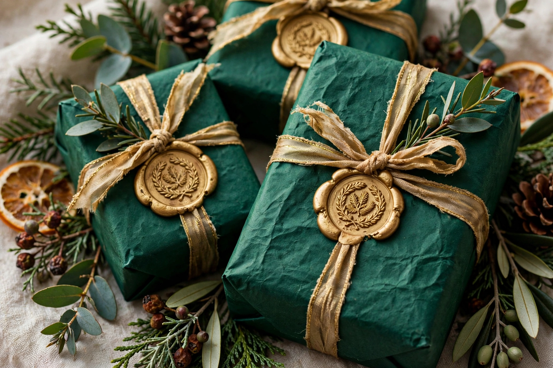 Emerald and gold Christmas gift wrapping with ribbon