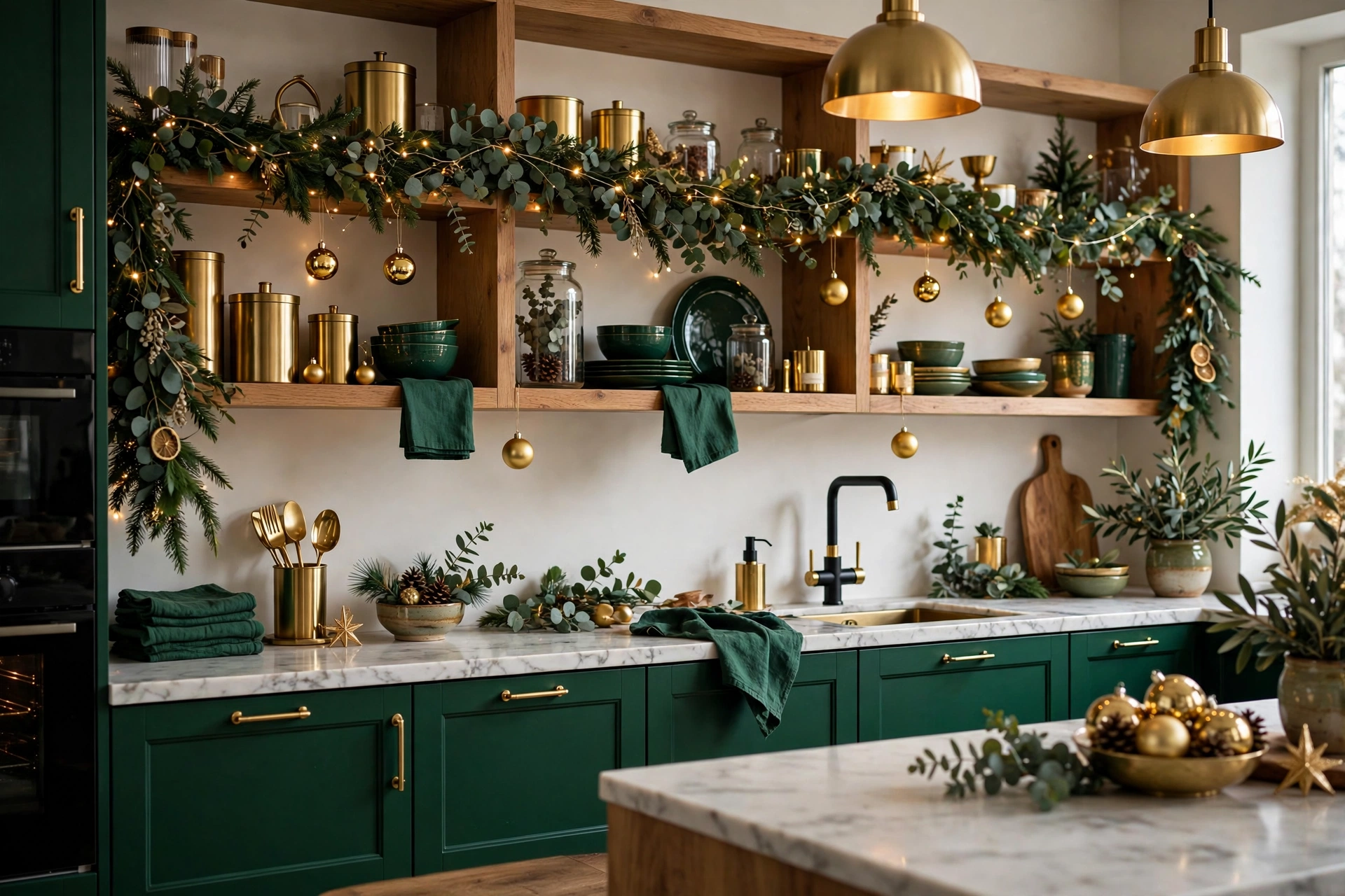 Kitchen decorated for Christmas in emerald and gold