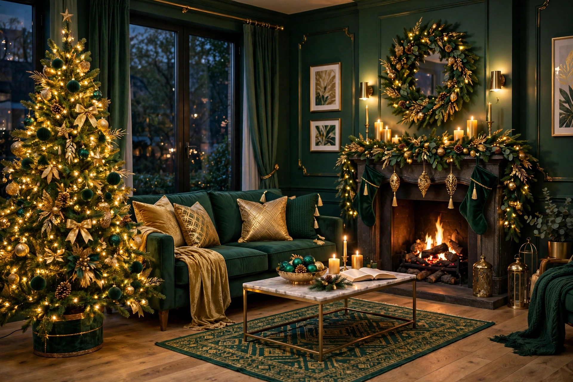 Complete emerald green and gold Christmas living room at night