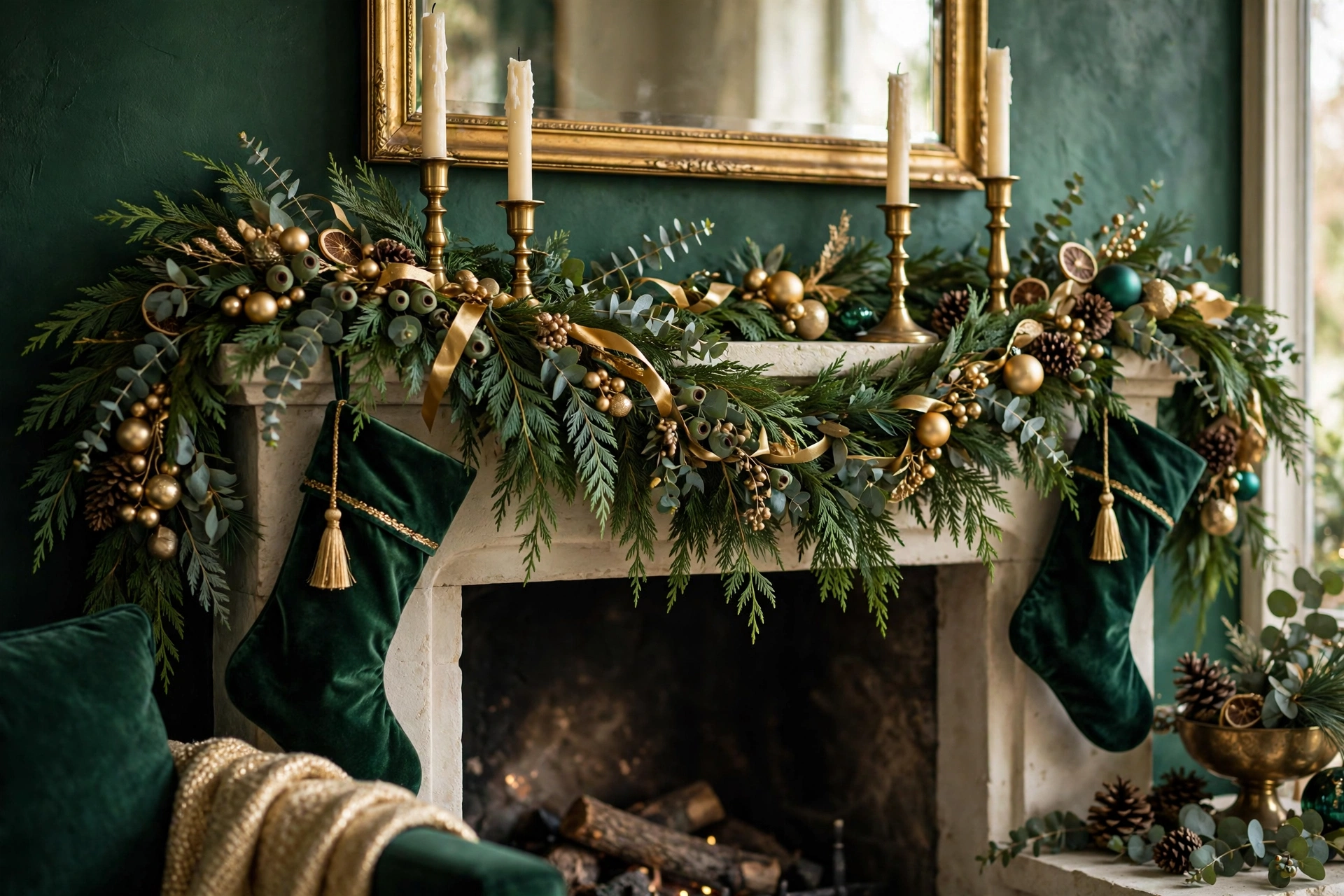 Emerald and gold Christmas mantel with brass candlesticks