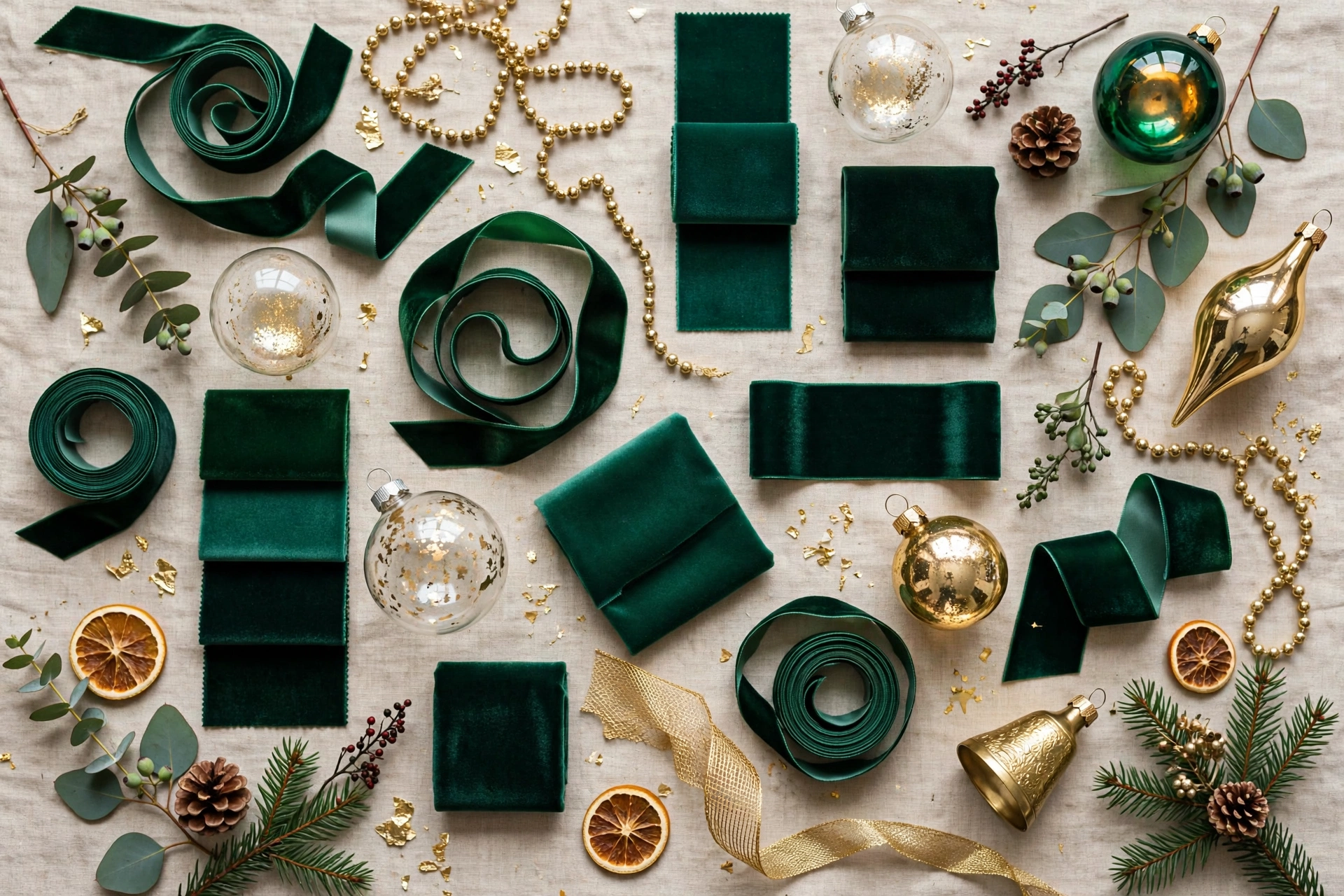 Emerald green and gold Christmas color palette board with ribbon and ornaments