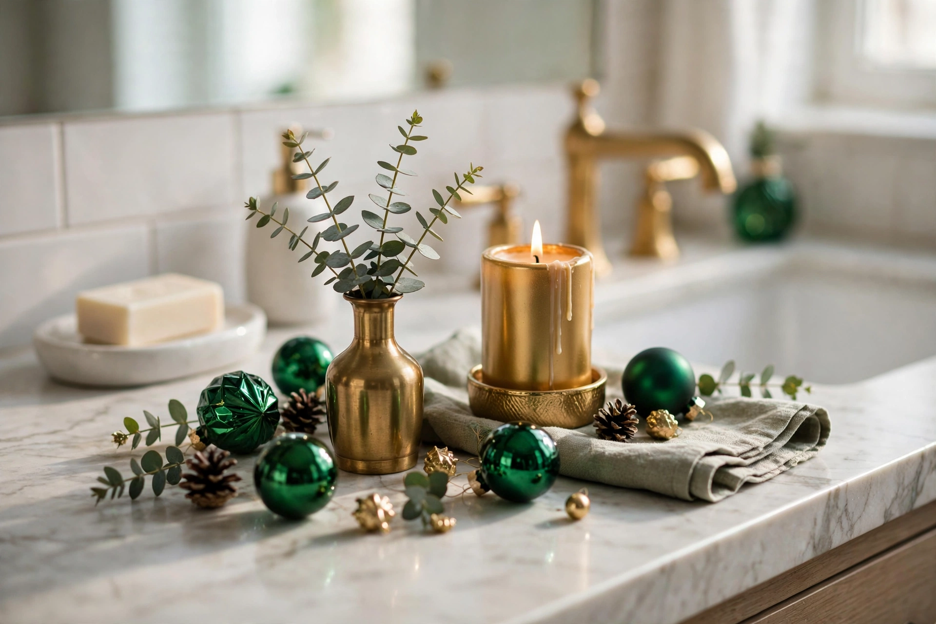 Small emerald and gold Christmas vignette on bathroom counter