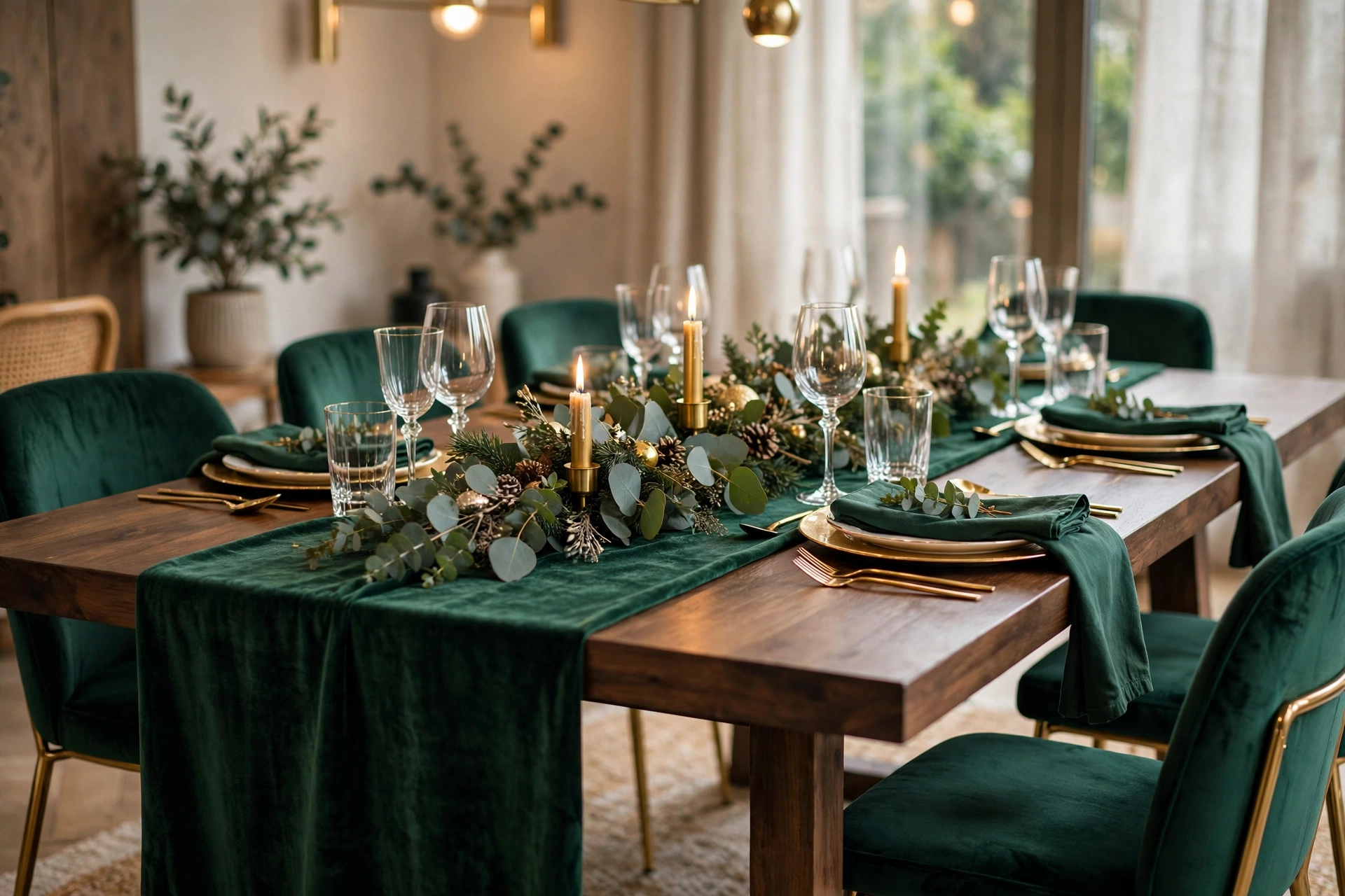 Emerald and gold Christmas tablescape with brass candlesticks