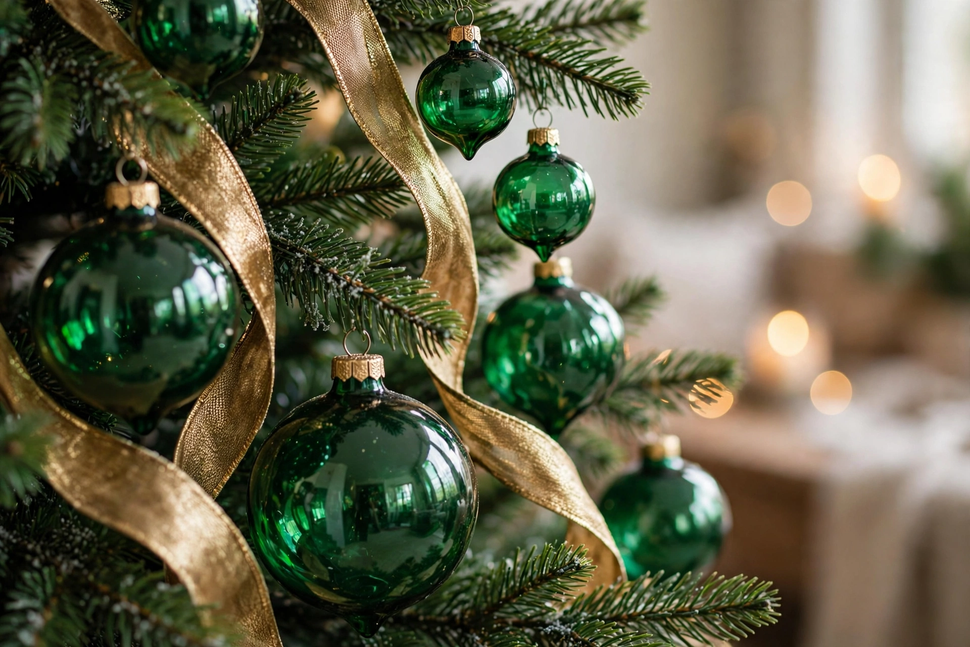 Emerald and gold Christmas tree close-up with ribbon and glass ornaments