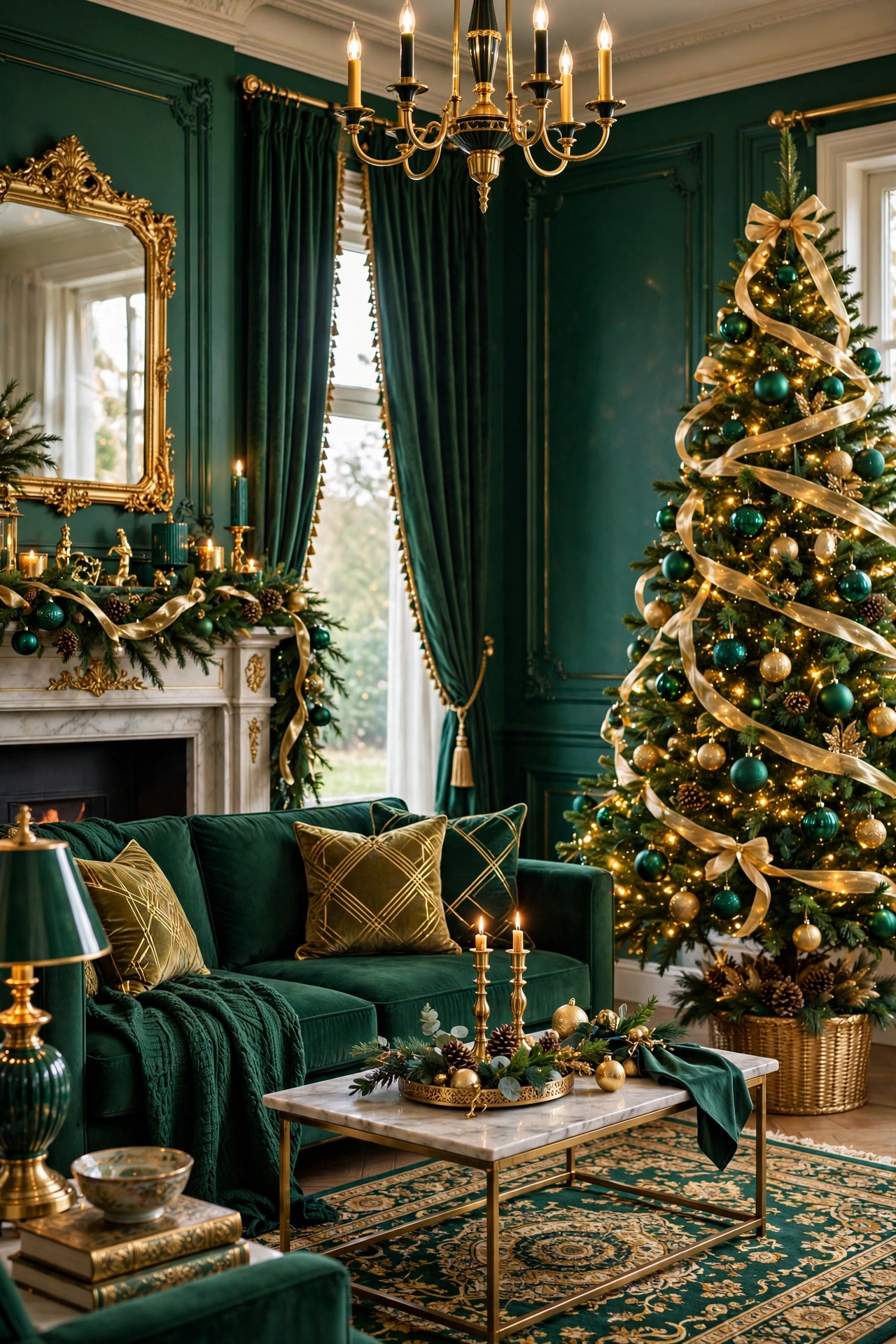 Emerald green and gold Christmas living room with luxe holiday styling