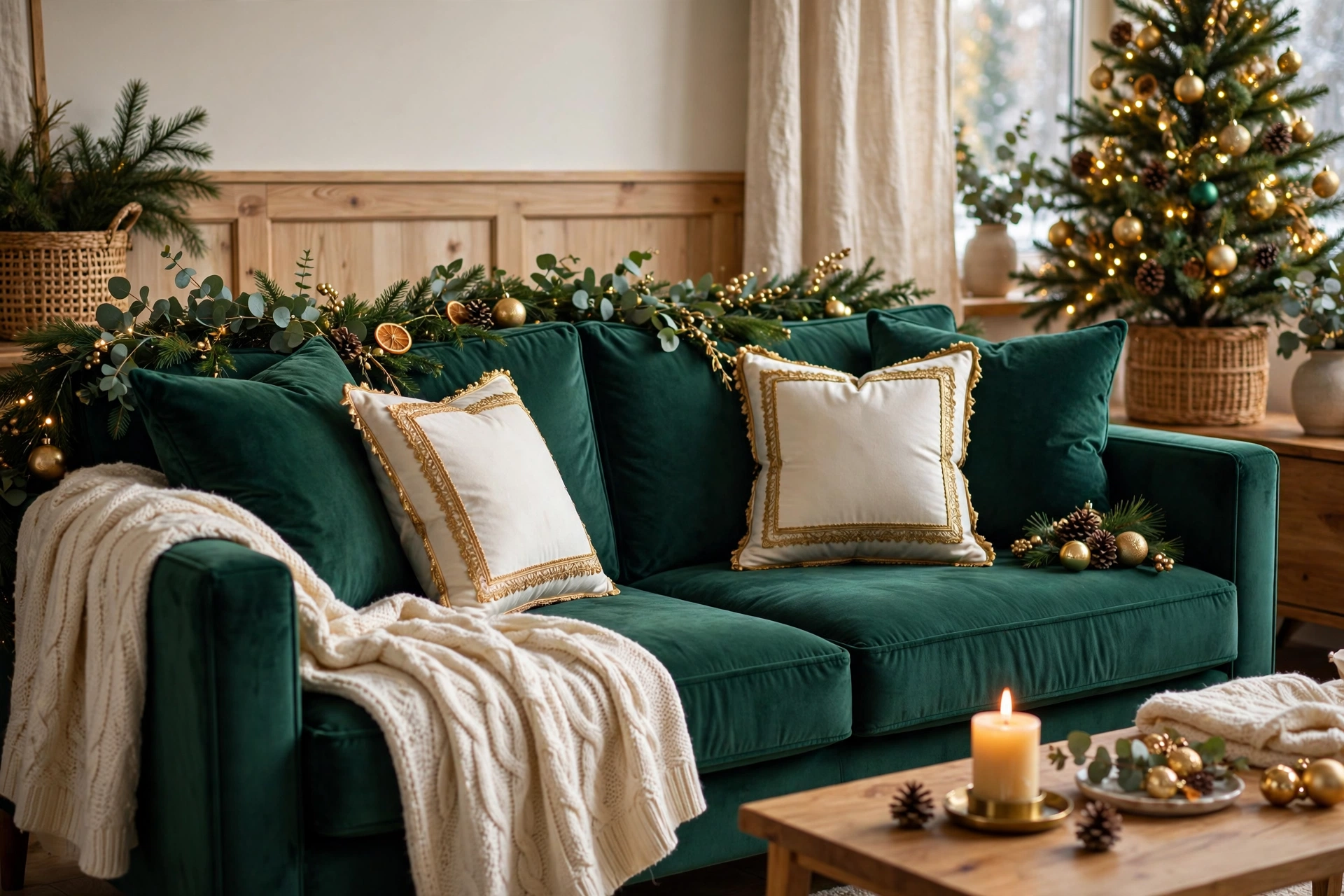 Sofa with emerald velvet pillows styled for an emerald and gold Christmas
