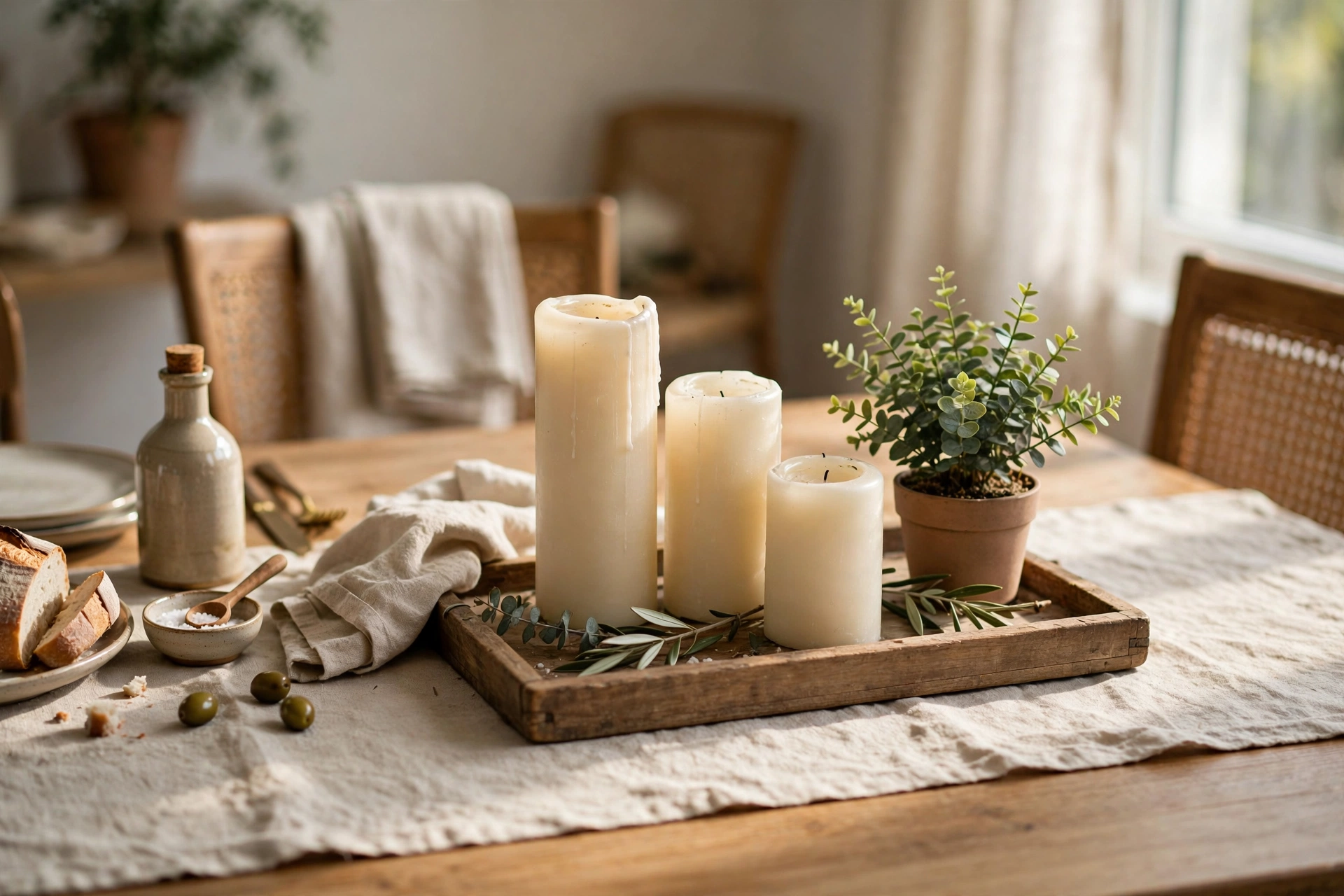 Everyday dining table centerpiece with tray candles and plant