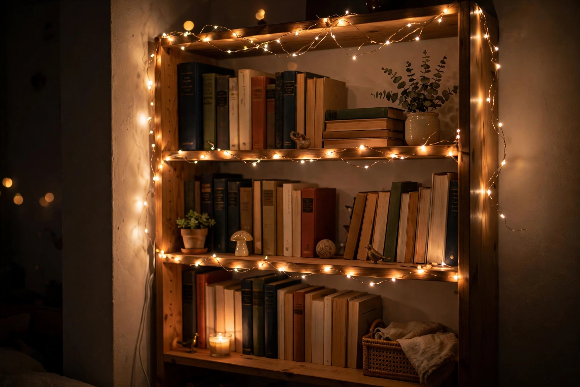 Fairy lights layered on a bookshelf creating warm glow in a small apartment