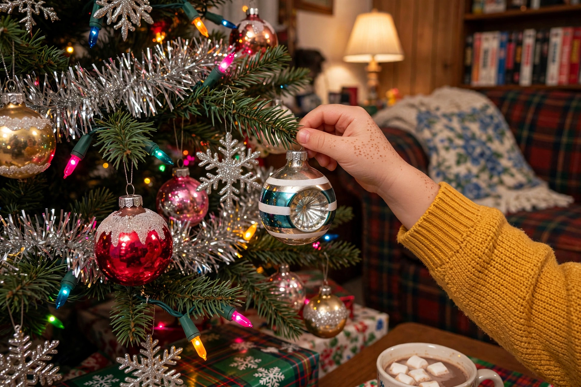 Family decorating a 90s nostalgia Christmas tree with vintage ornaments
