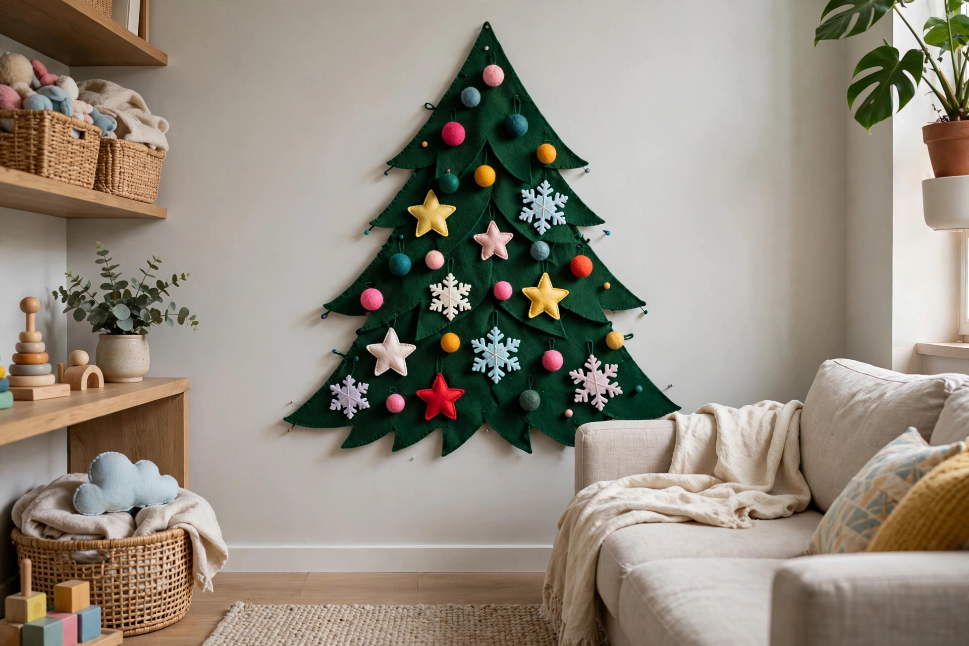 Felt wall Christmas tree with removable felt ornaments on apartment wall