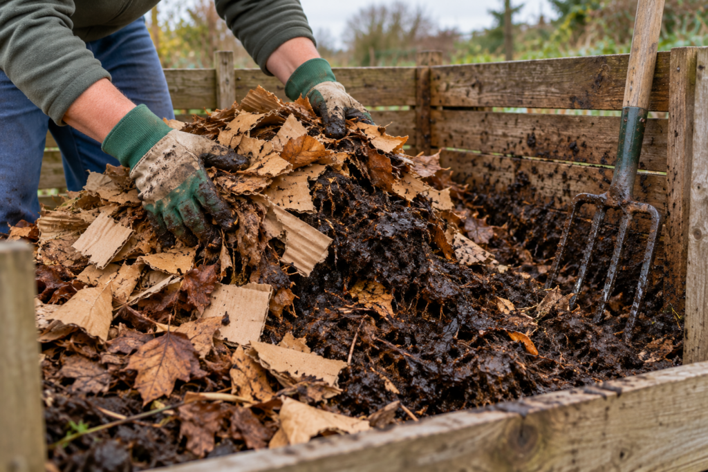 Mixing dry cardboard and leaves into a wet compost pile to fix odors and add air