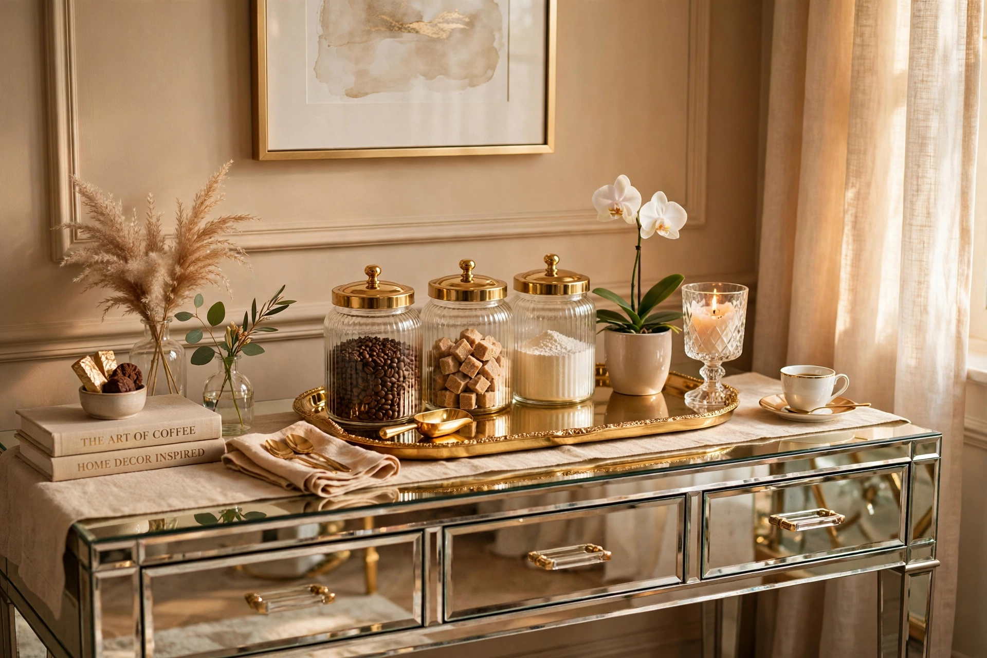 Glam luxury coffee bar with mirrored console and gold accents