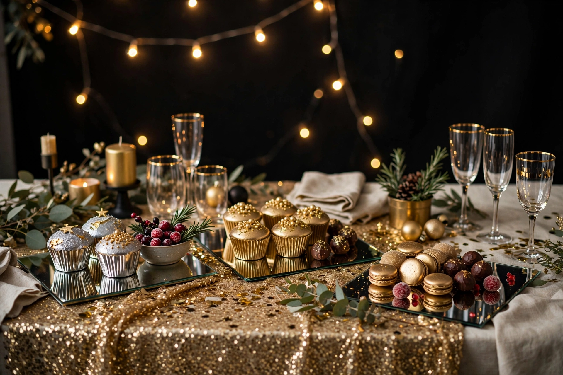 Gold and black NYE dessert table with sequin tablecloth