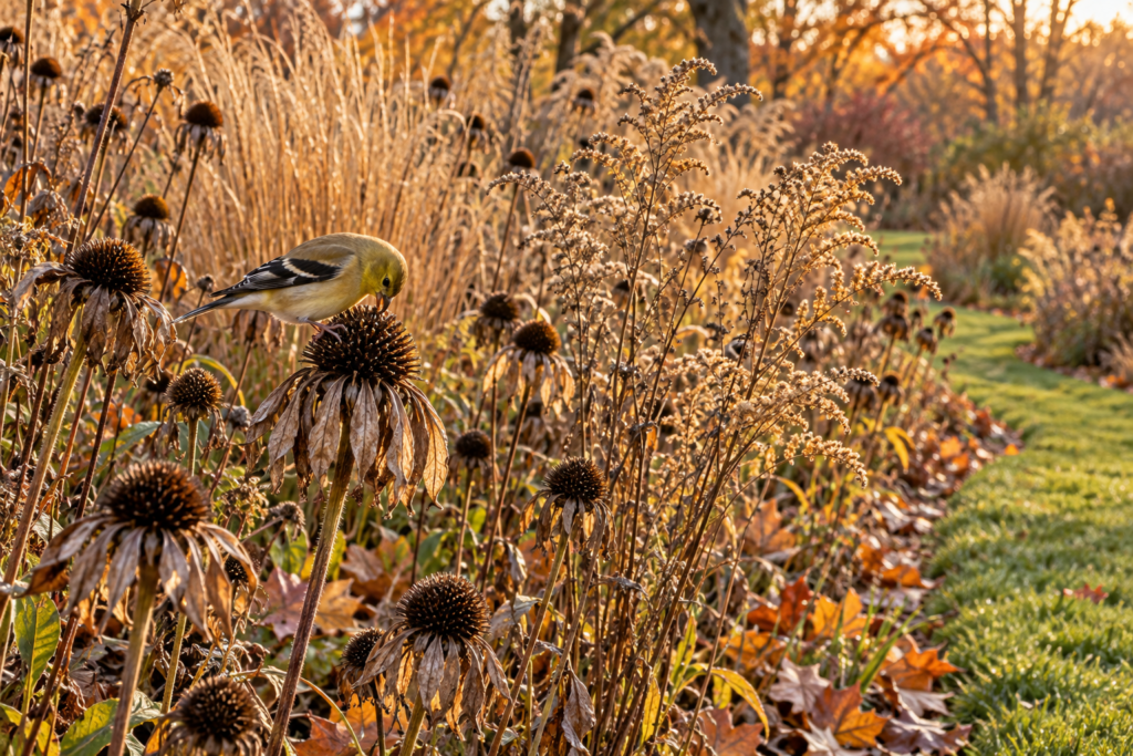Goldfinch eating seeds from coneflower seed heads left standing in an autumn native garden