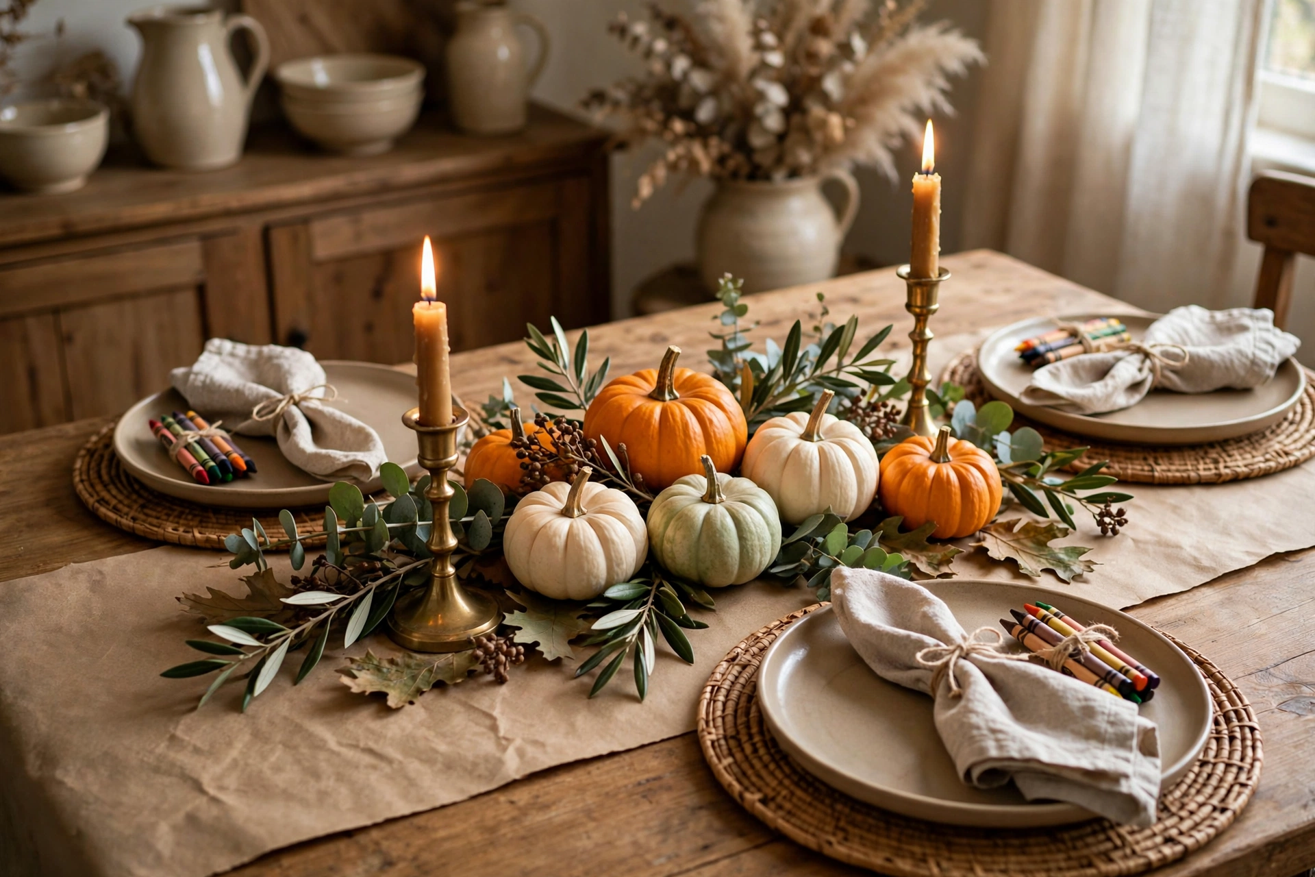 Thanksgiving gratitude table with kraft paper runner and handwritten notes
