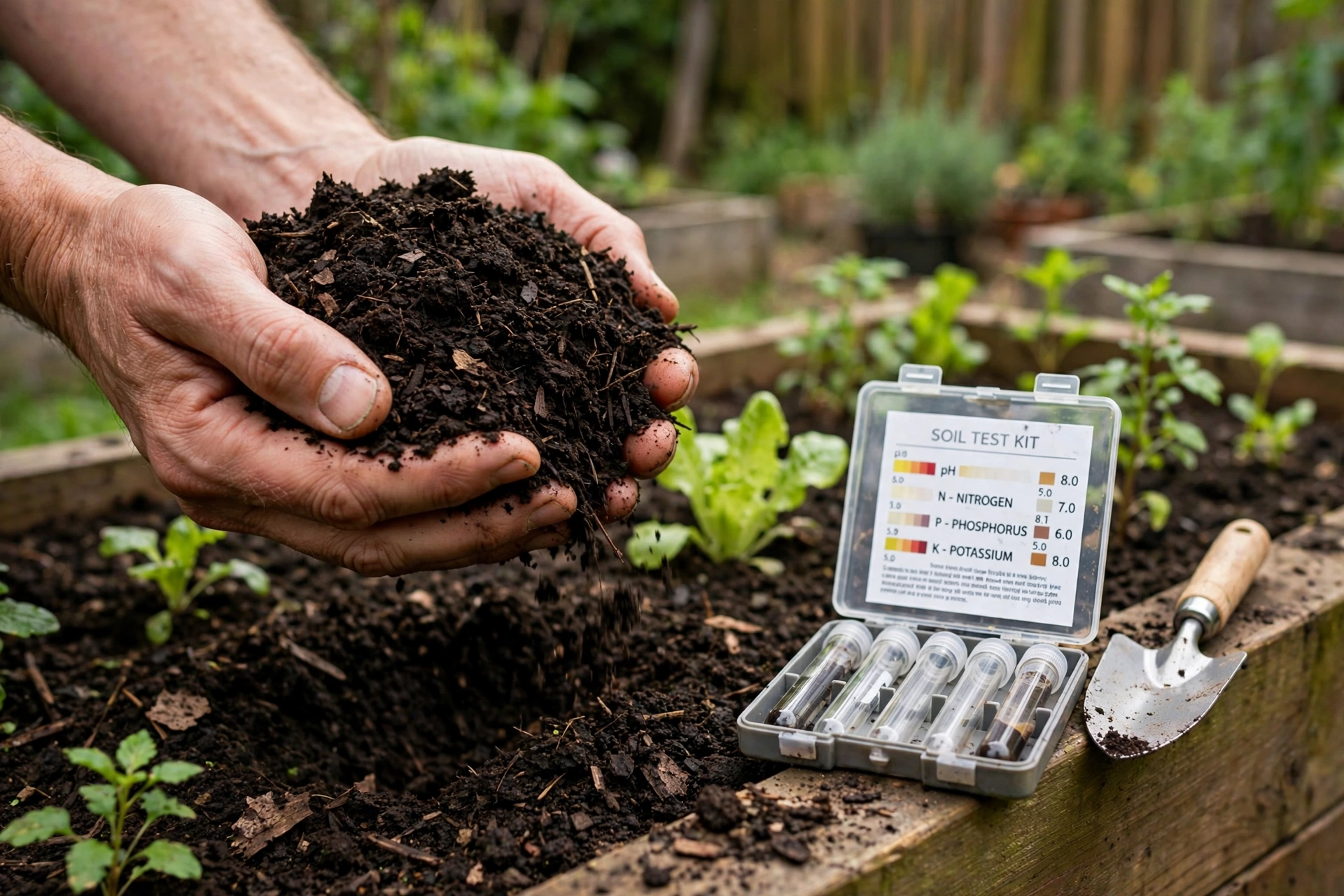 Hands holding rich compost soil over a raised bed