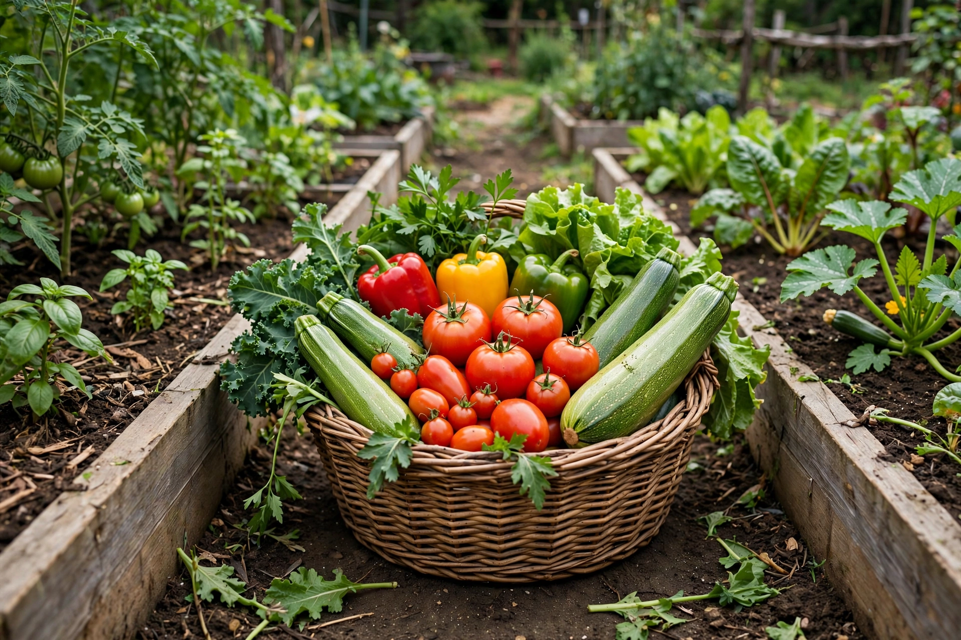 Harvest basket full of fresh vegetables in the garden