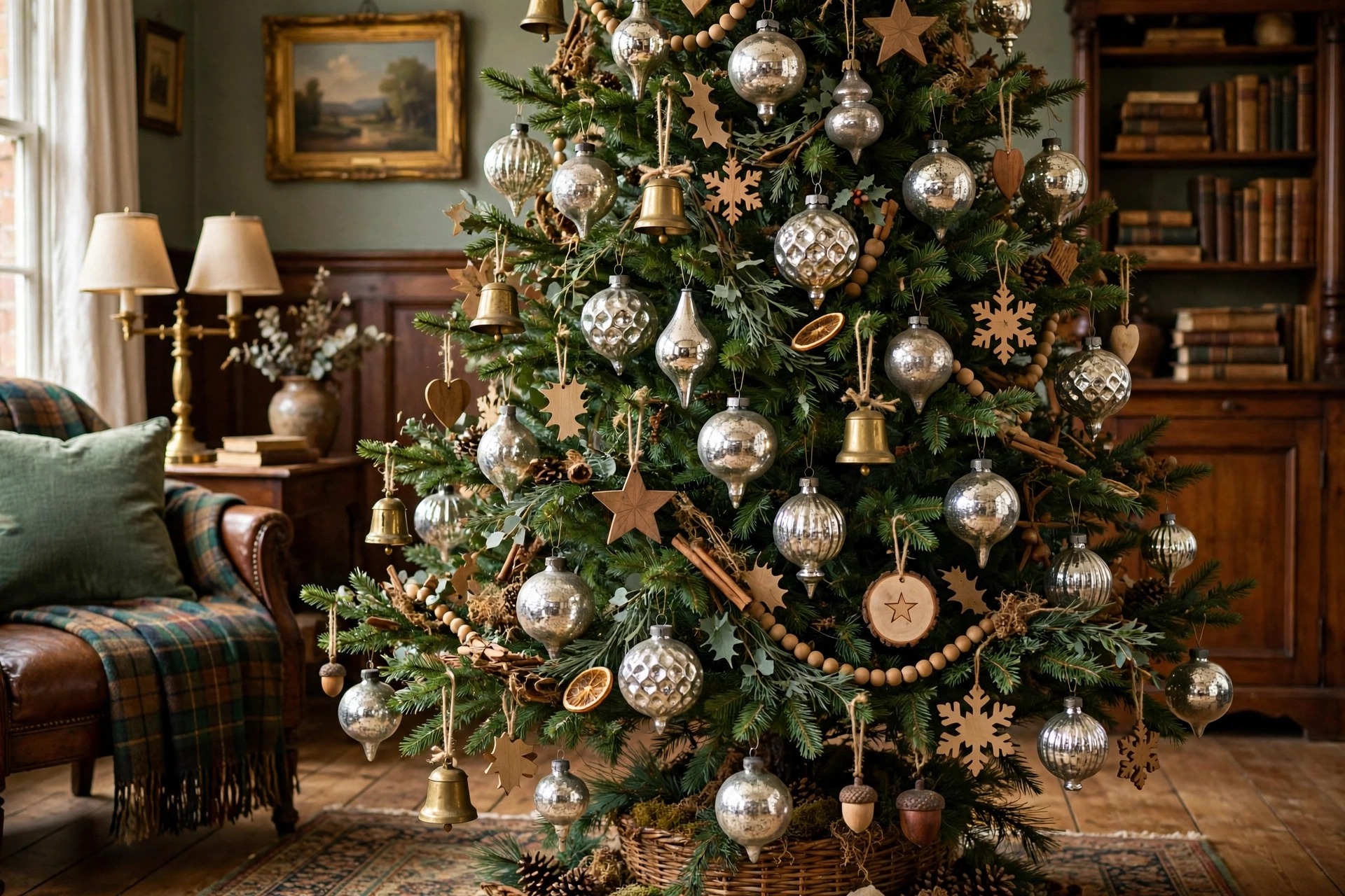 Heritage Christmas tree with mercury glass and brass ornaments