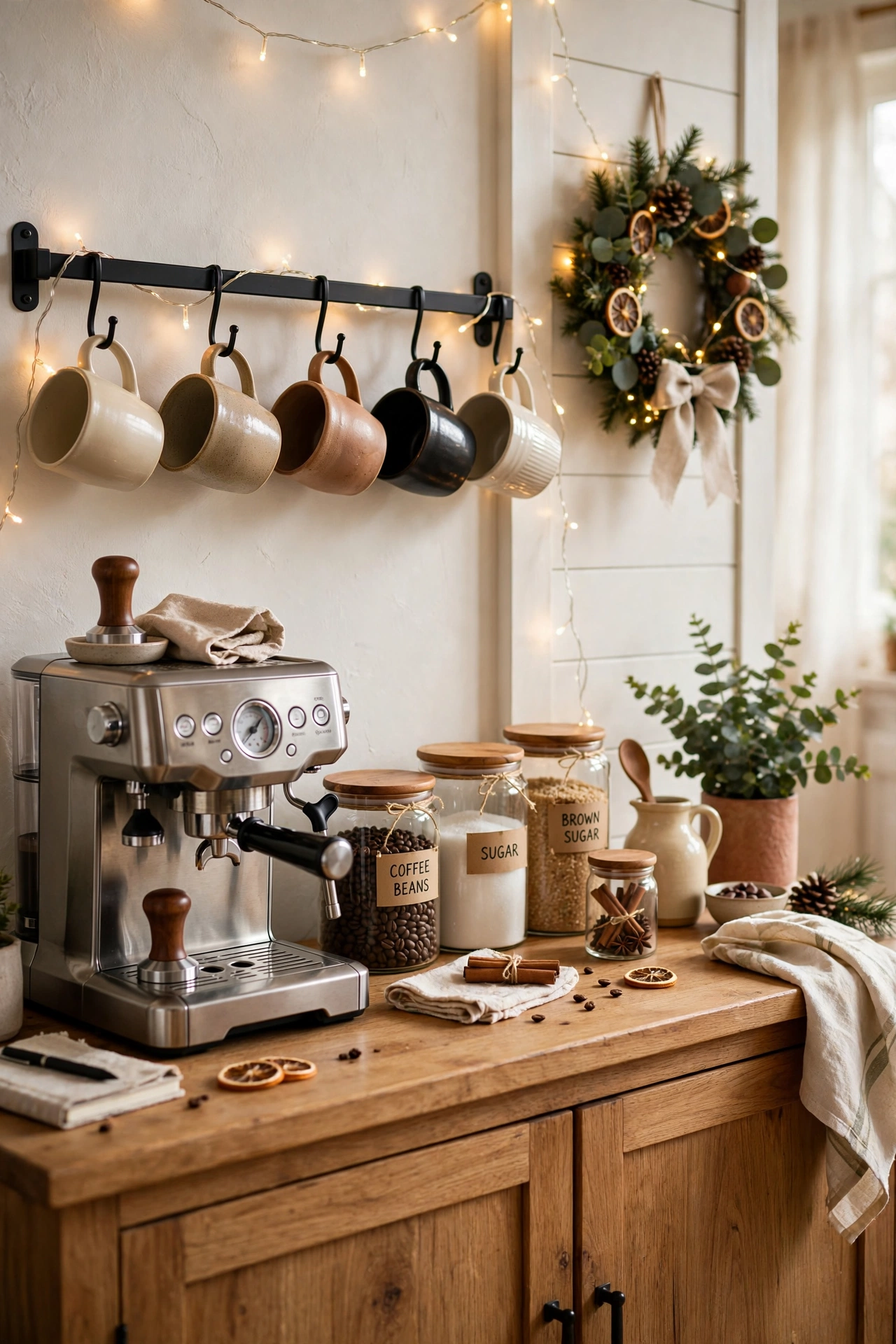 Styled home coffee bar with espresso machine and holiday touches