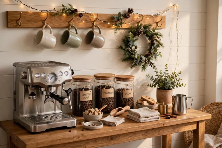 Styled home coffee bar with espresso machine and holiday touches