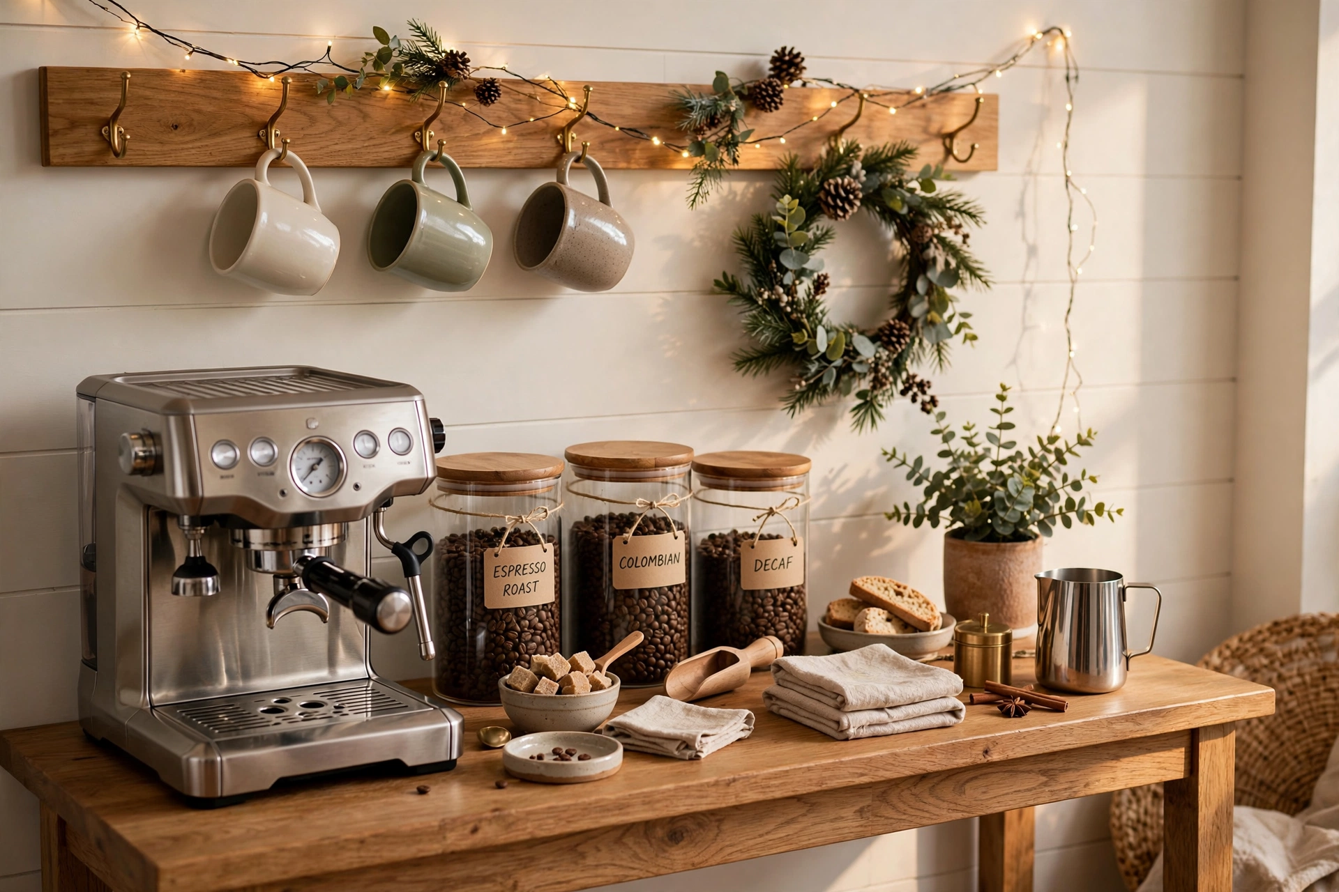 Styled home coffee bar with espresso machine and holiday touches