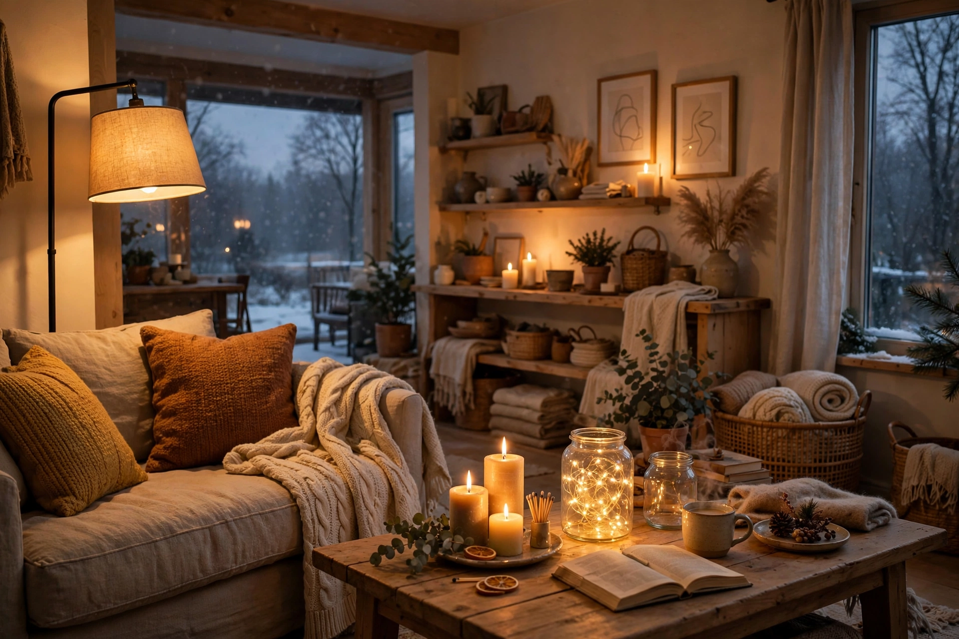 January living room with layered warm lighting at dusk