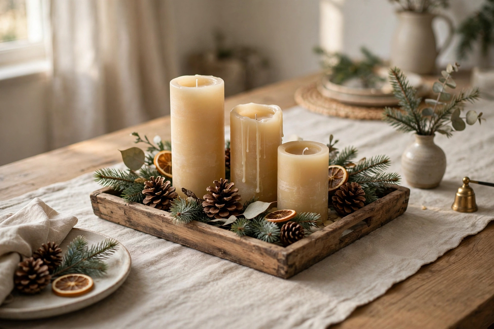 Simple January dining table centerpiece with candles and pinecones
