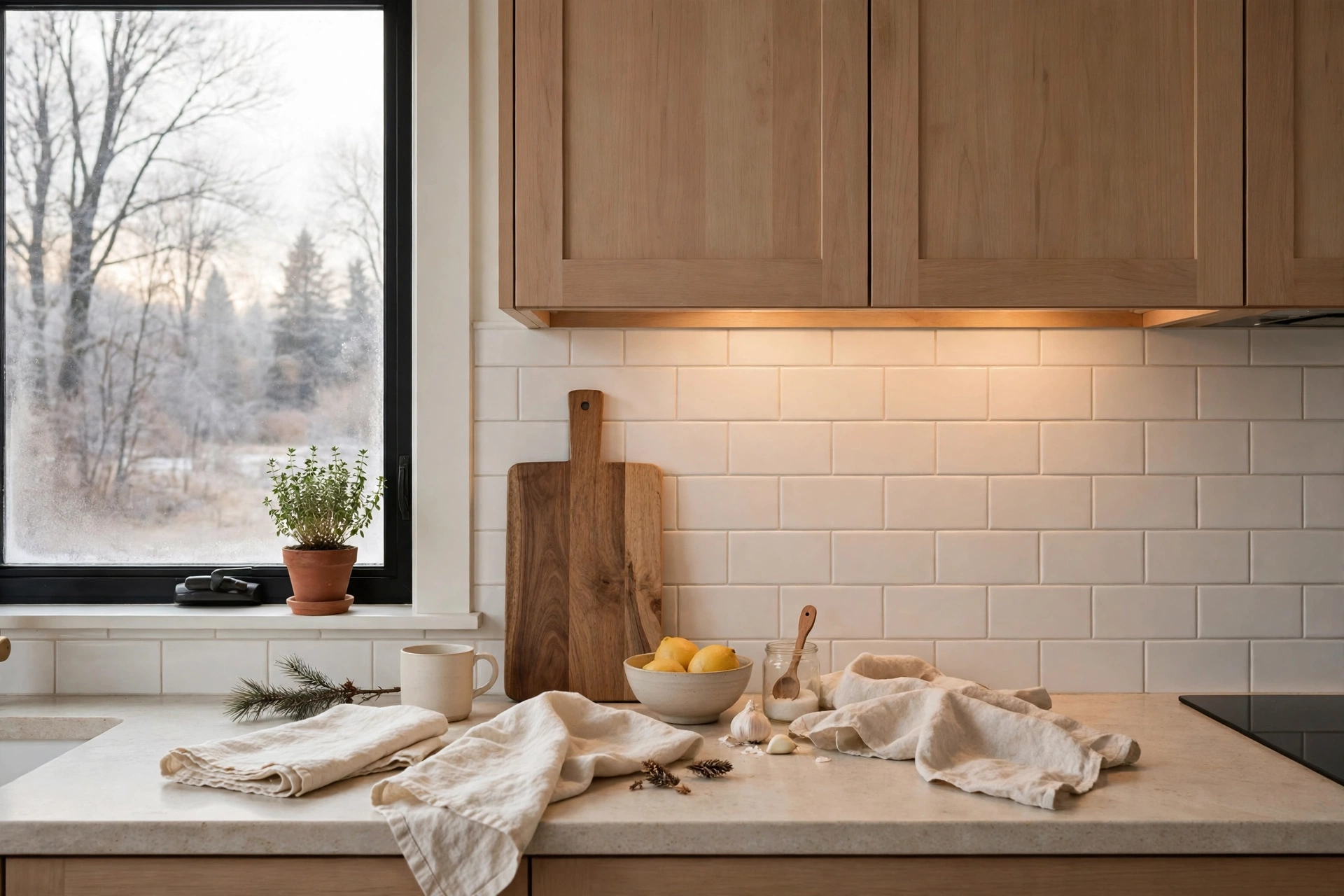 Calm January kitchen with linen textiles and potted herbs