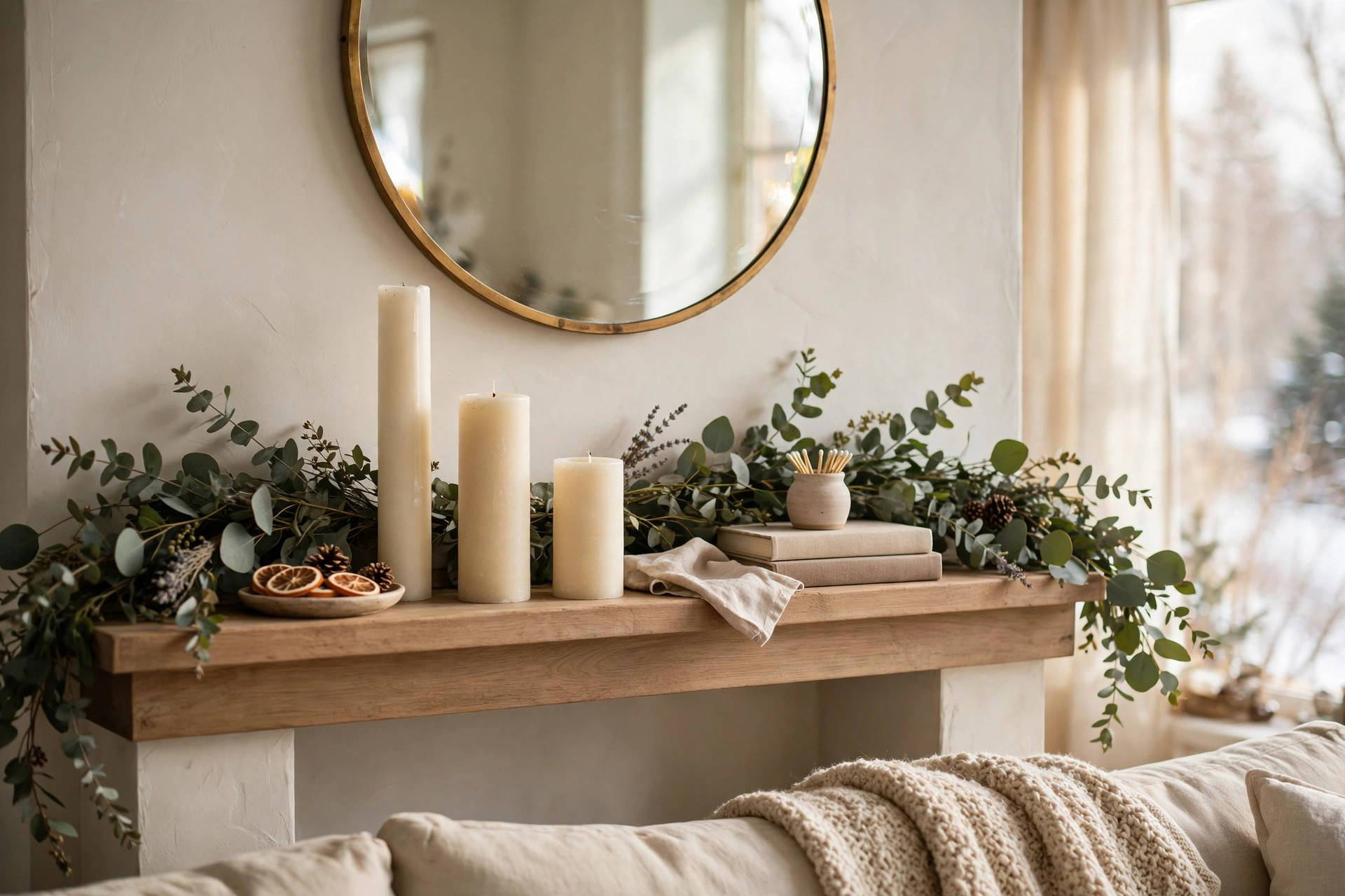 January mantel styled with eucalyptus and pillar candles