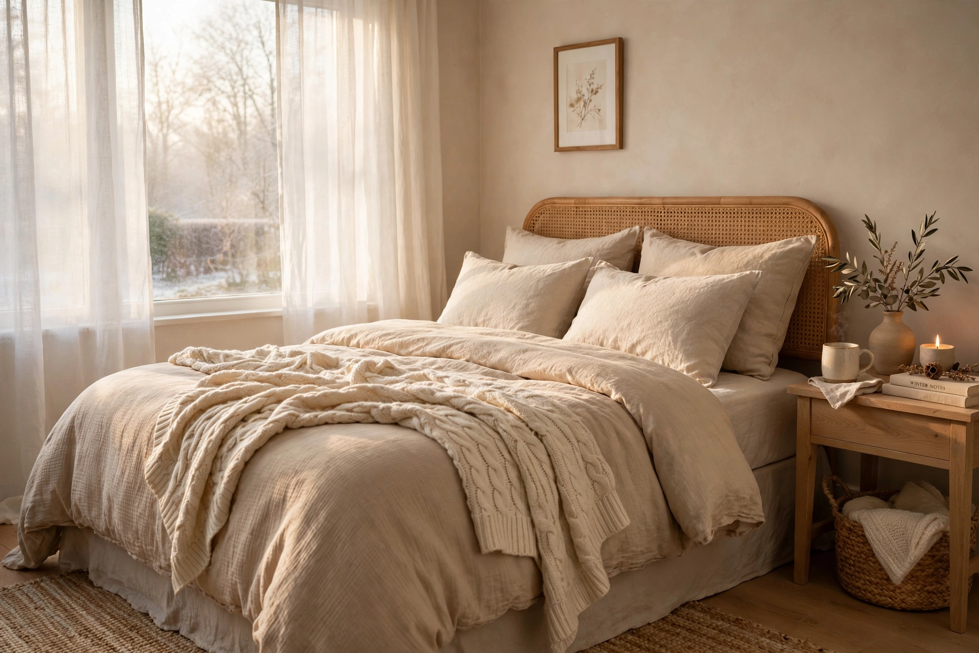Warm neutral January bedroom with oatmeal bedding and knit throw