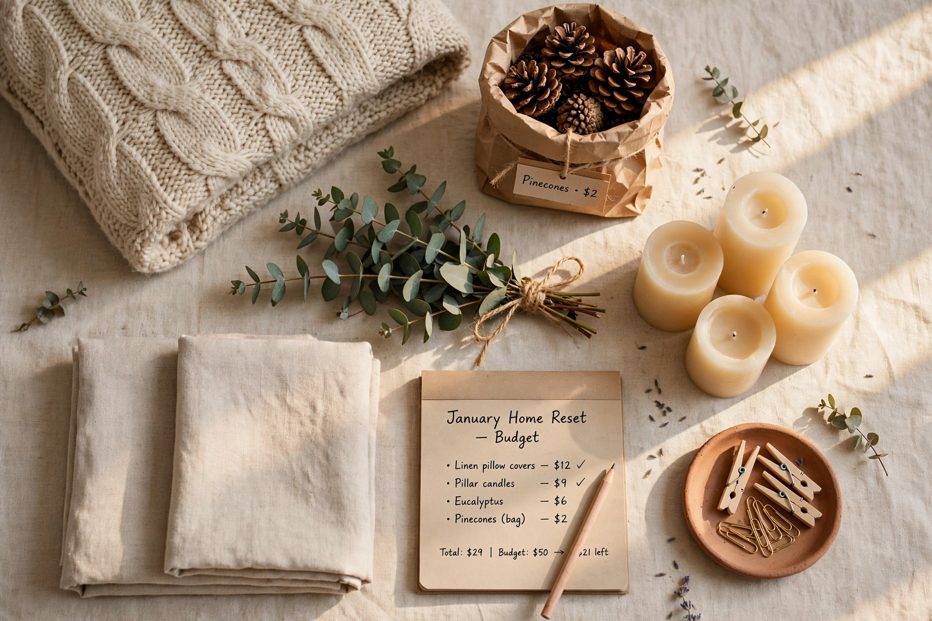 Budget January home reset supplies flat lay