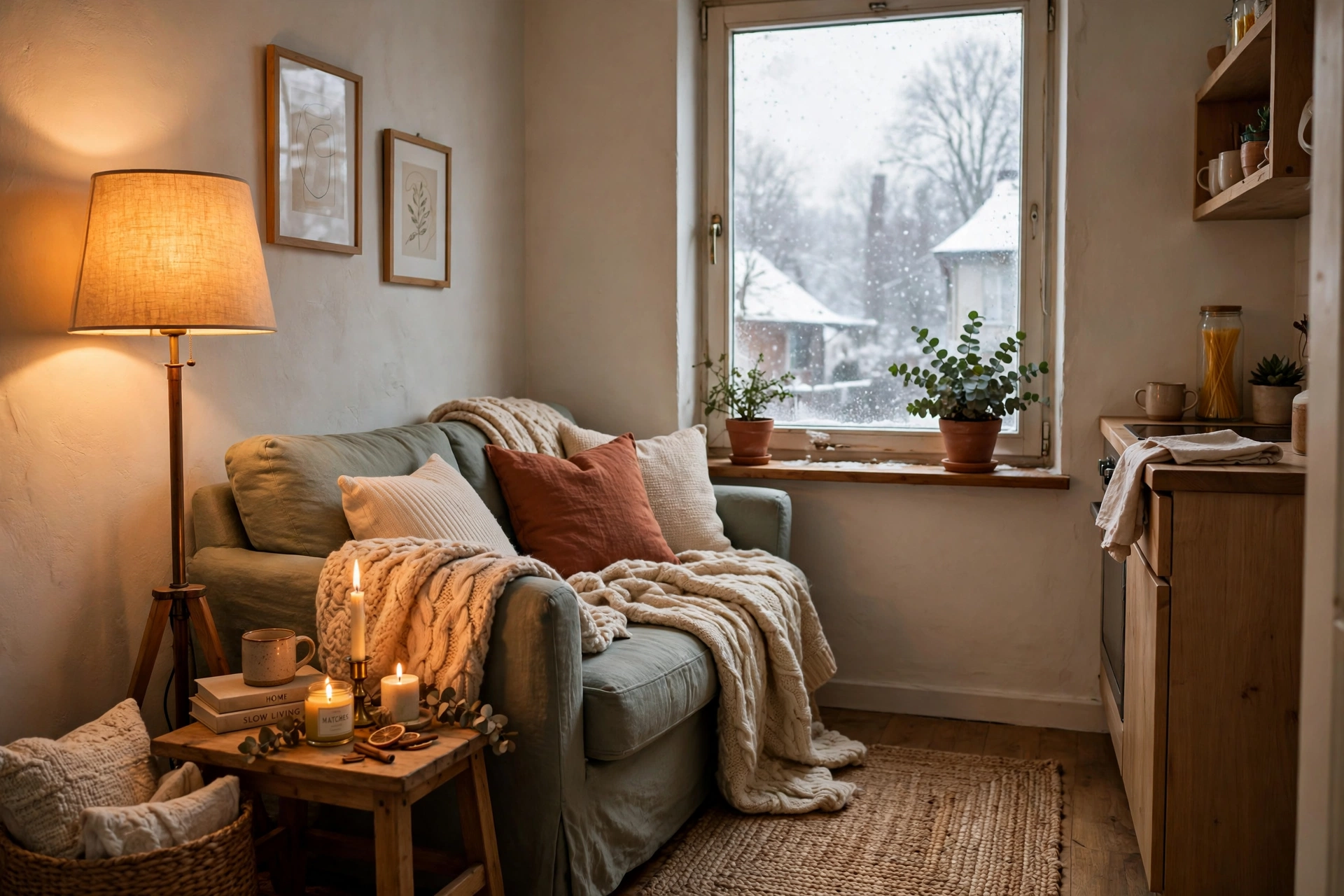 Cozy January studio apartment with warm lighting and textures