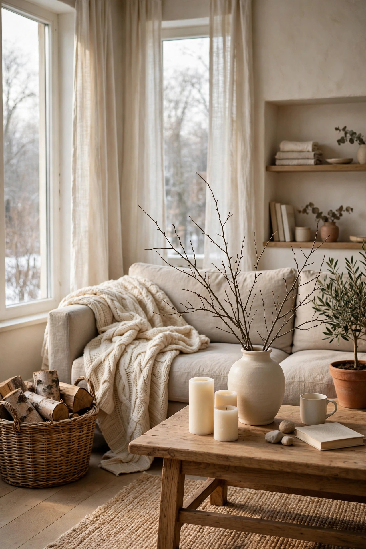 Cozy January living room reset with neutral textures and candles