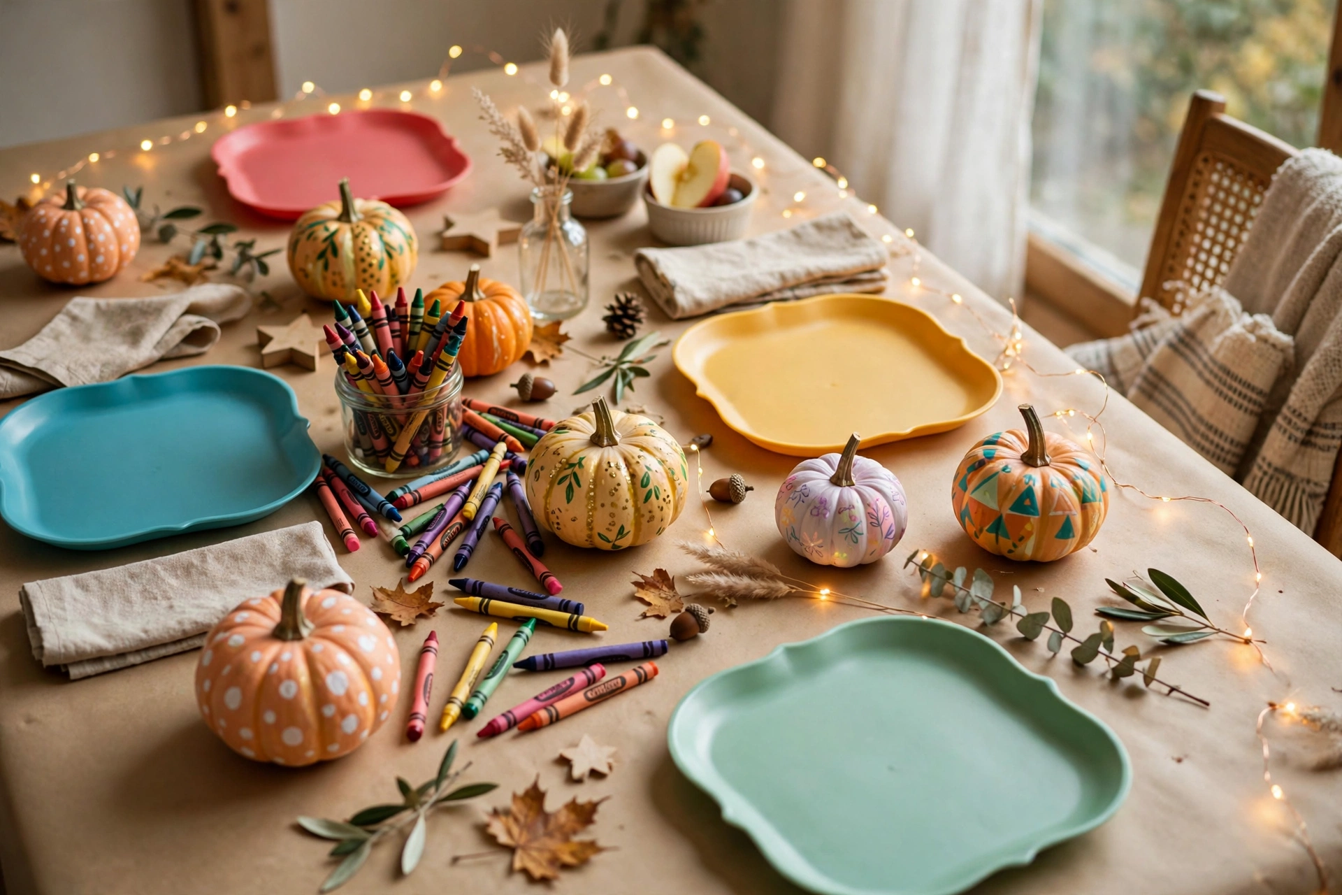 Festive kids Thanksgiving table with coloring placemats and mini pumpkins