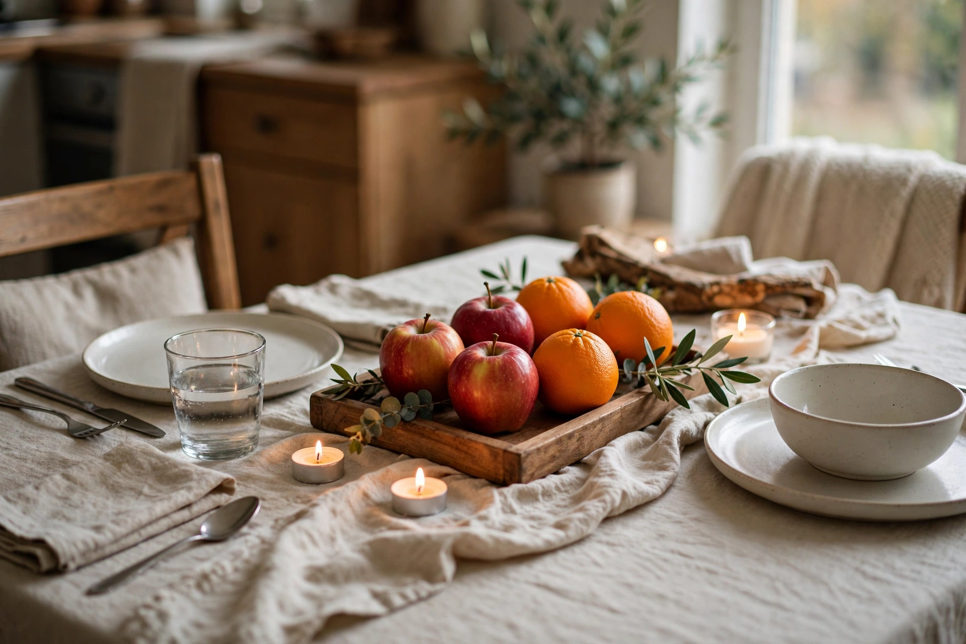 Simple one-hour Thanksgiving tablescape with fruit tray and candles