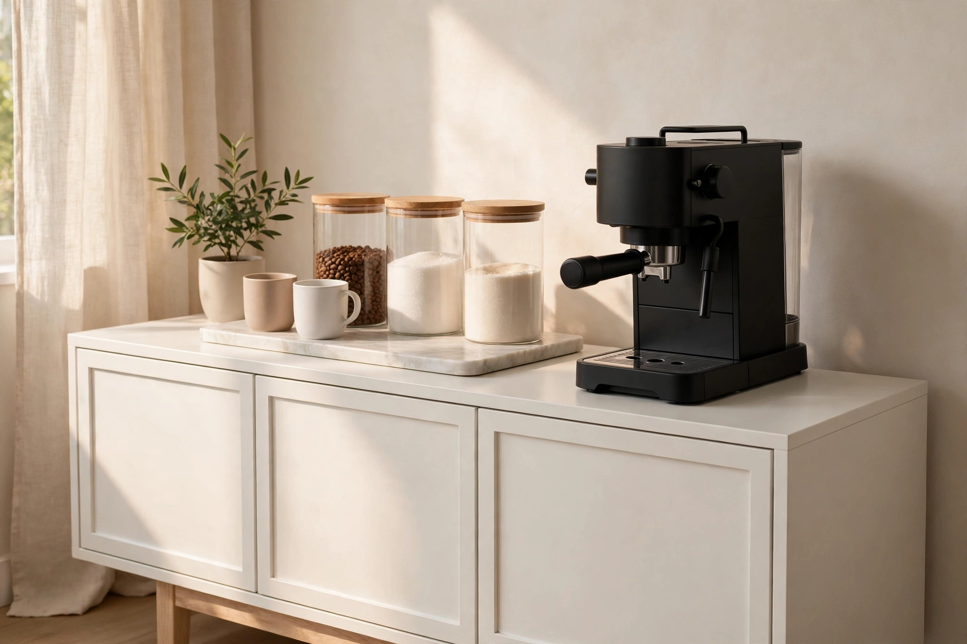Minimalist modern coffee bar with marble tray