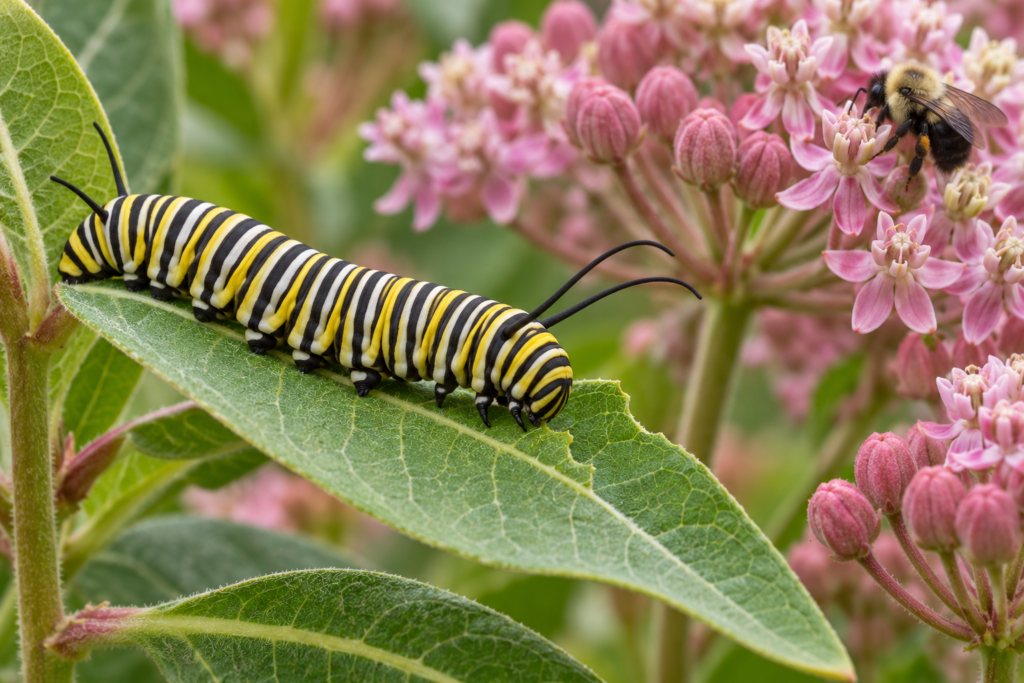 Monarch caterpillar feeding on native milkweed with a bumblebee visiting the flowers