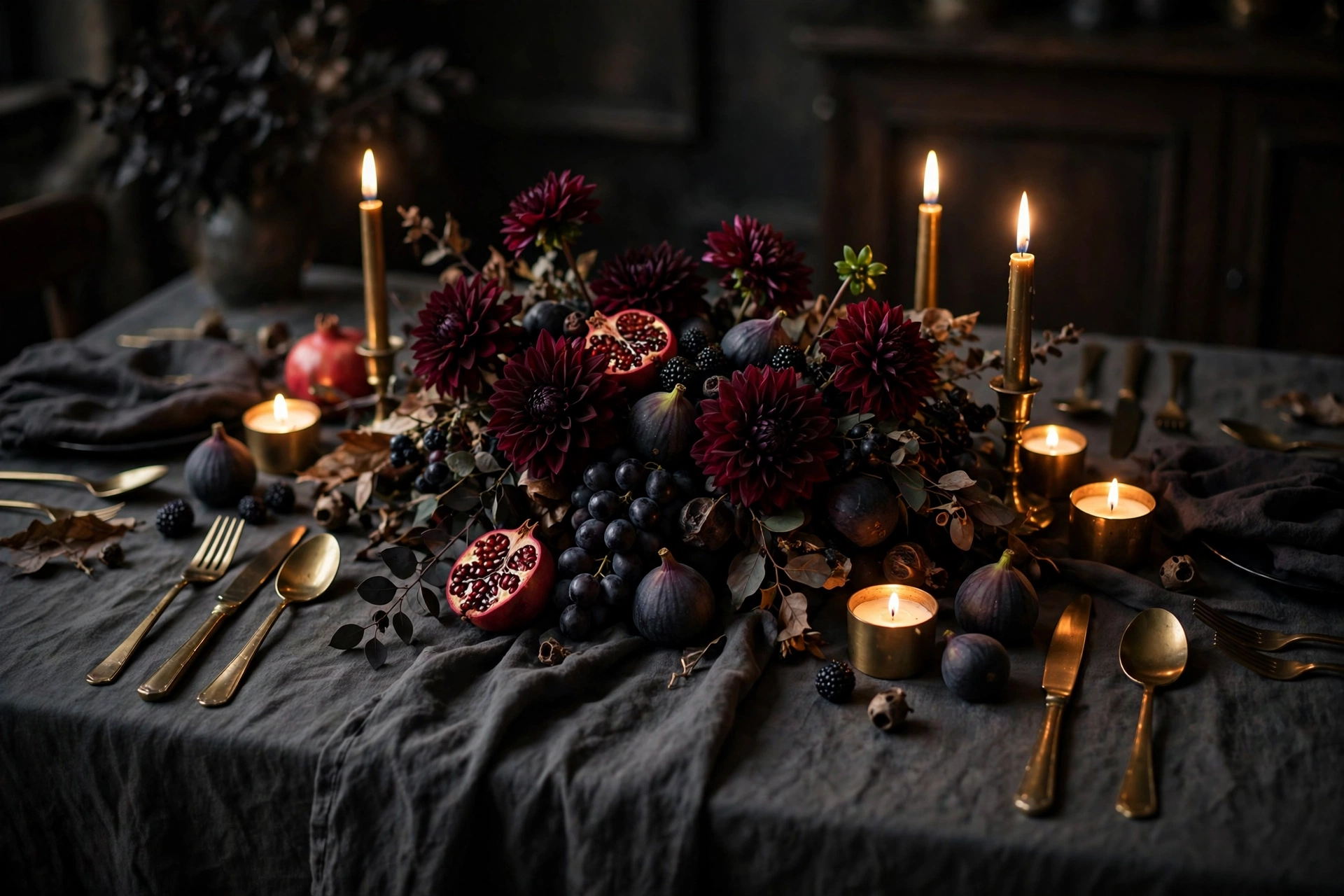Moody dark Thanksgiving tablescape with burgundy flowers and brass flatware