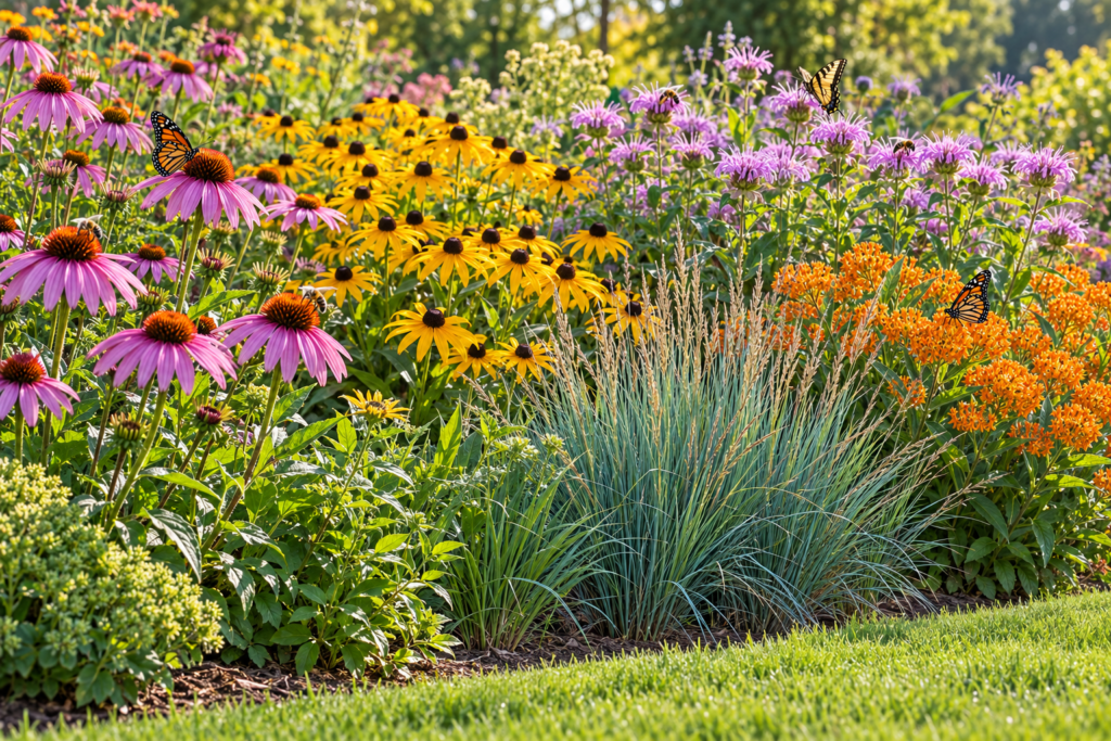 Native perennial border with coneflowers, black-eyed Susans, bee balm, butterfly weed, and little bluestem