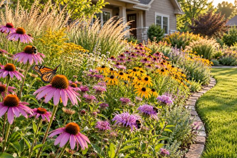 Native plant garden with coneflowers, black-eyed Susans, bee balm, and native grasses visited by a monarch and bees