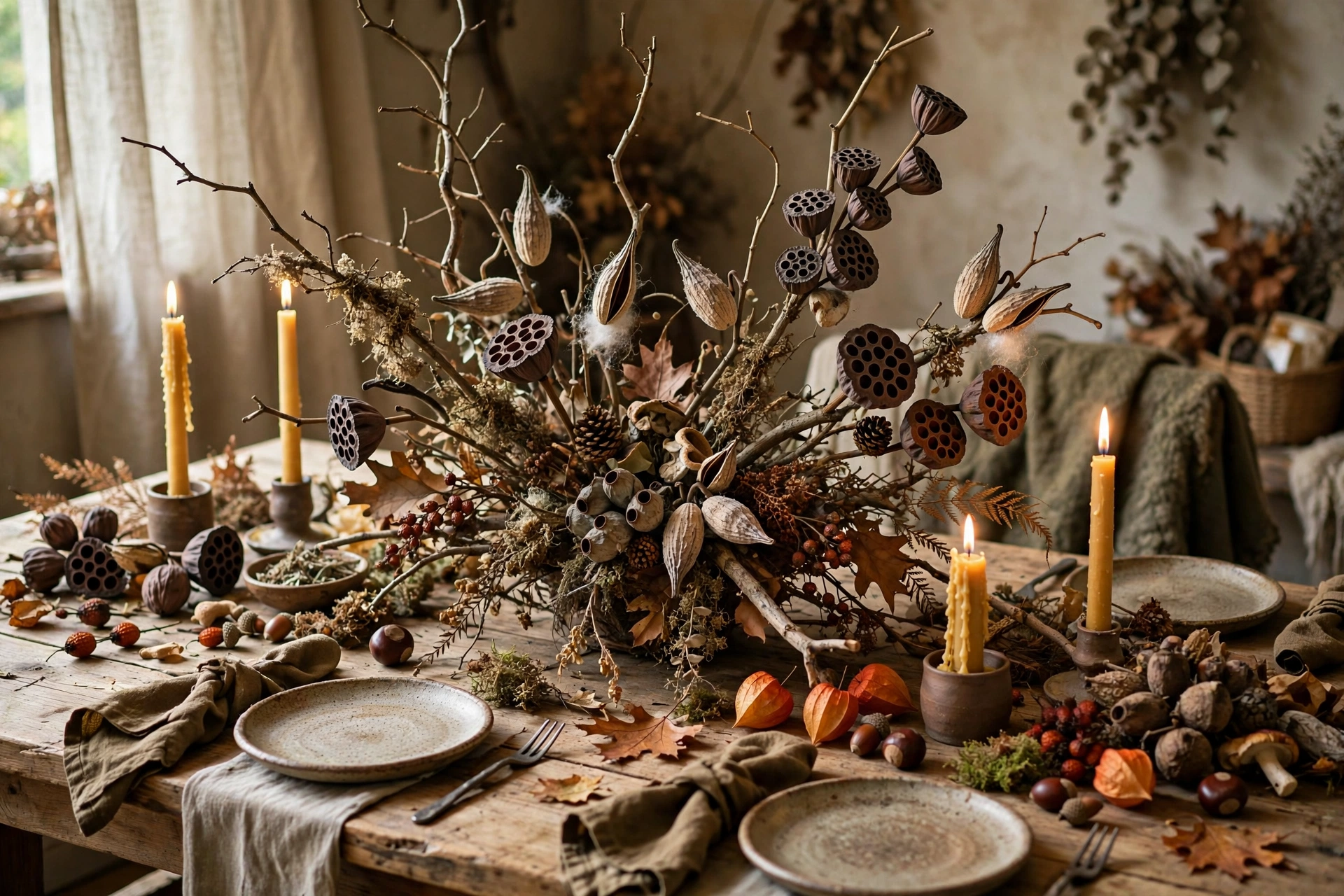 Naturalist Thanksgiving tablescape with foraged branches and seed pods