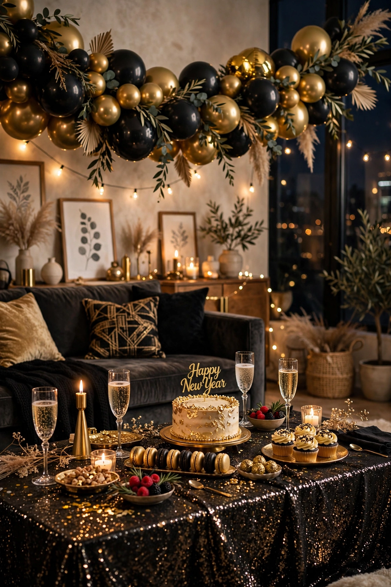 Glam New Year's Eve party decor at home with black and gold balloons