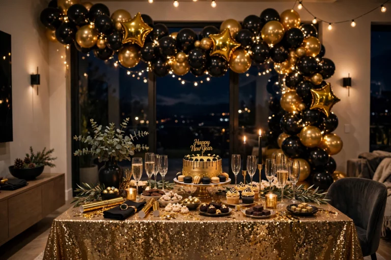 Glam New Year's Eve party decor at home with black and gold balloons