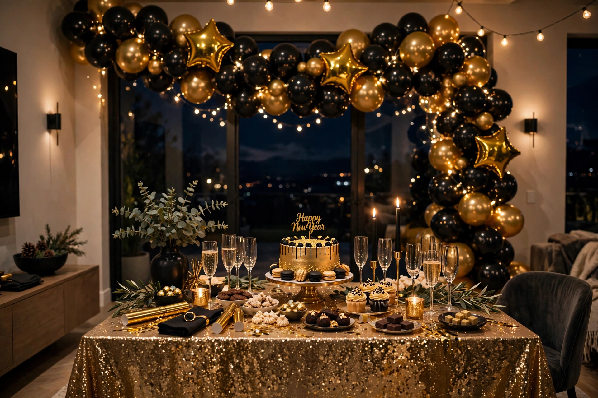 Glam New Year's Eve party decor at home with black and gold balloons