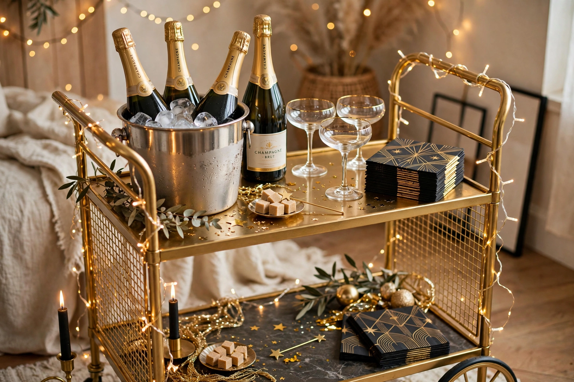NYE-styled gold bar cart with champagne and coupe glasses