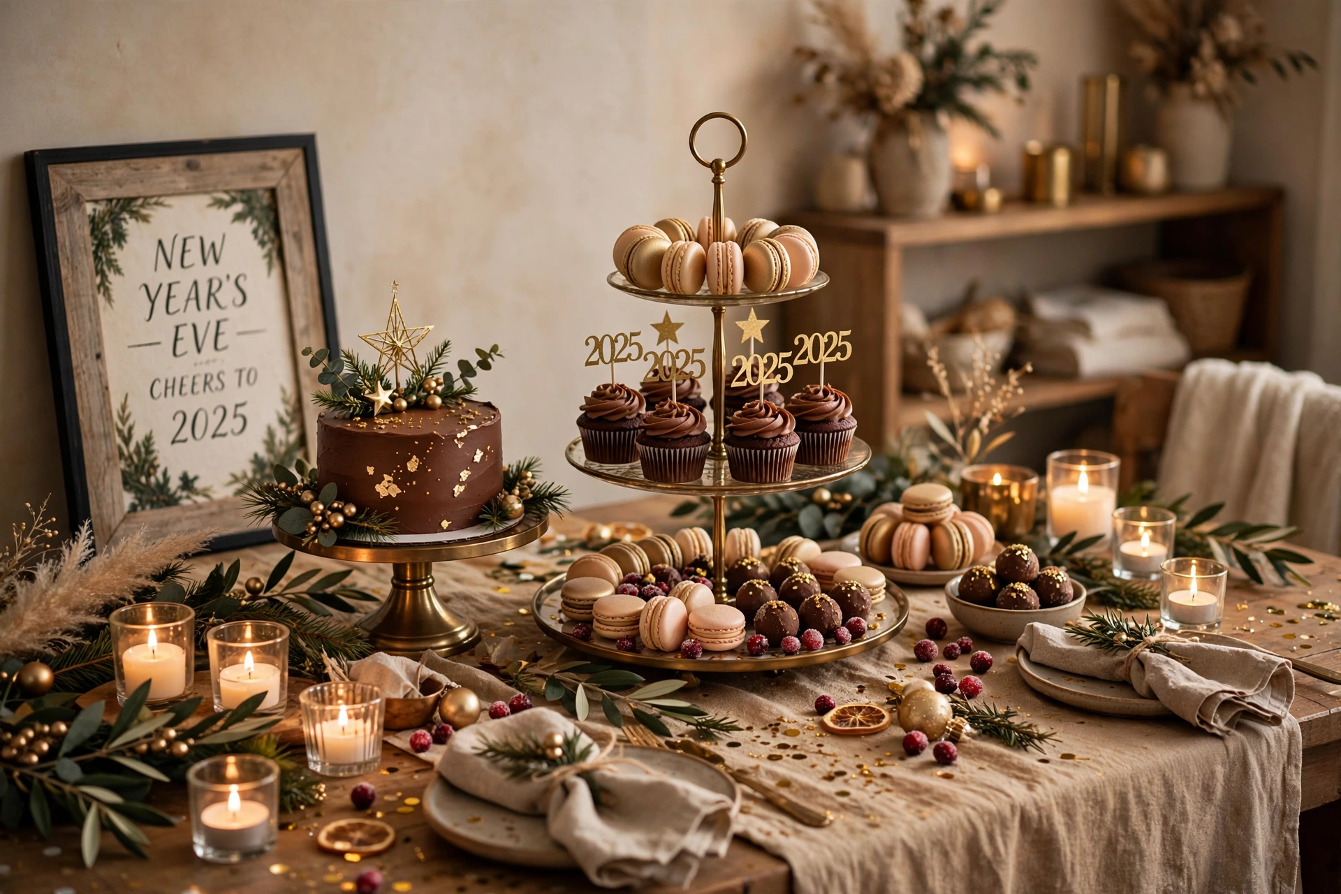 Tiered NYE dessert table with chocolate and gold treats