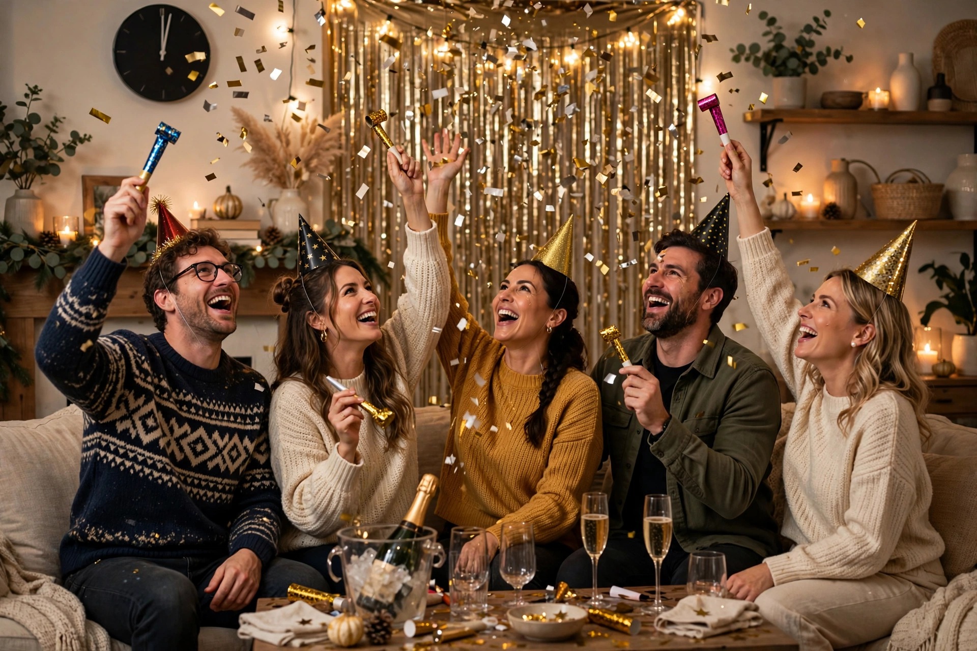 Midnight countdown celebration at home NYE party