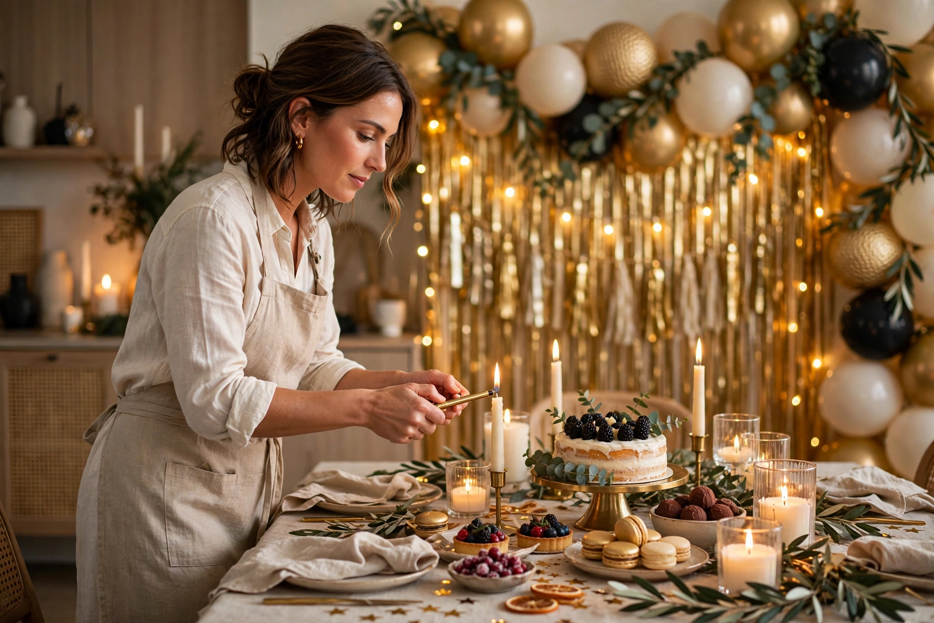 Final preparations for NYE home party with lit candles
