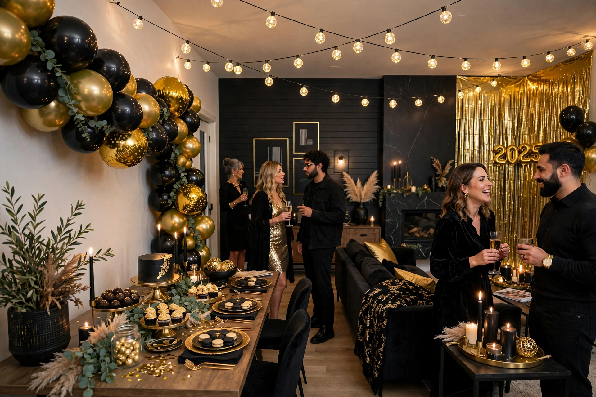 Full NYE home party room with decorated zones in black and gold