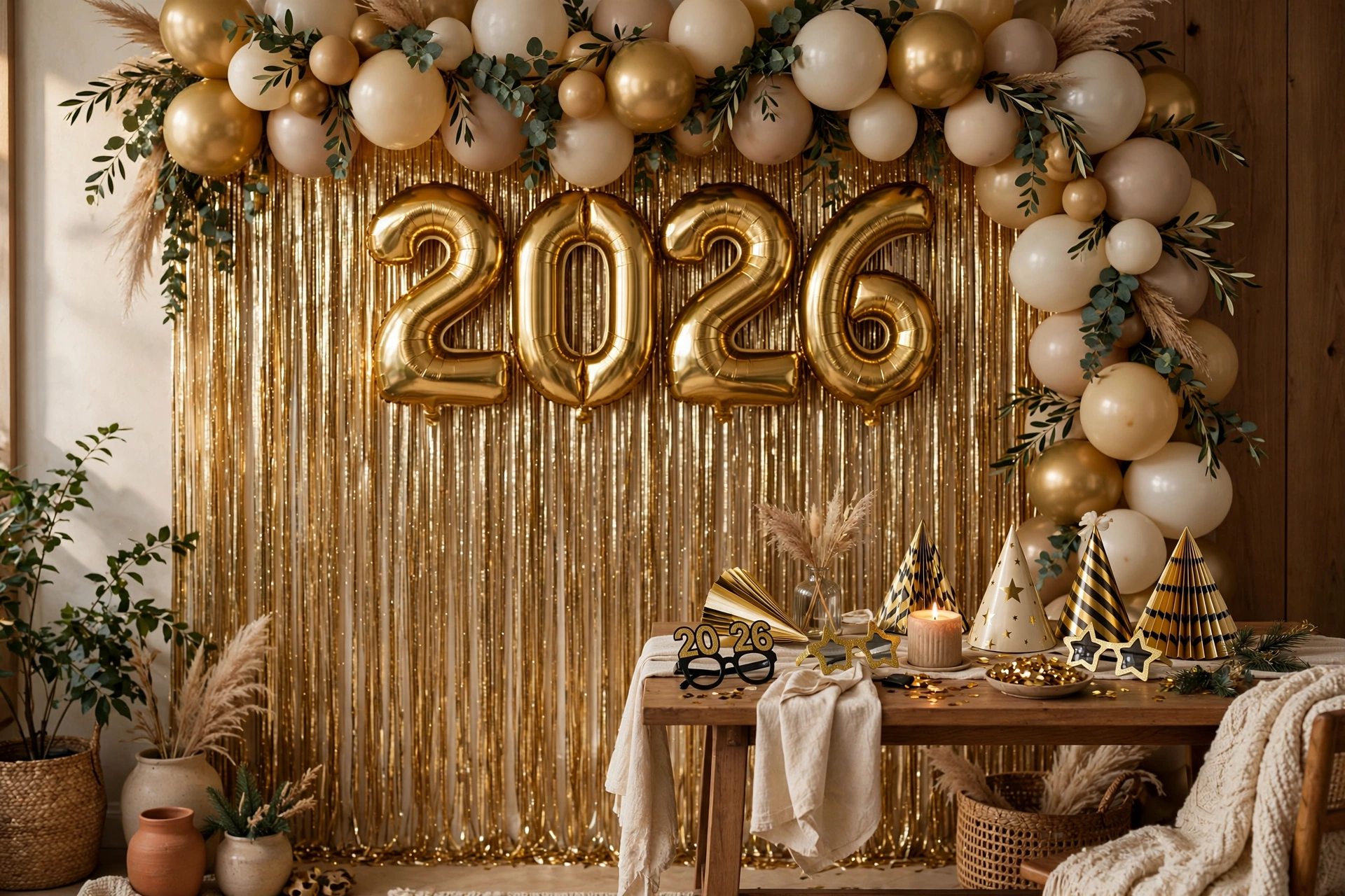 Gold fringe NYE photo backdrop with number balloons